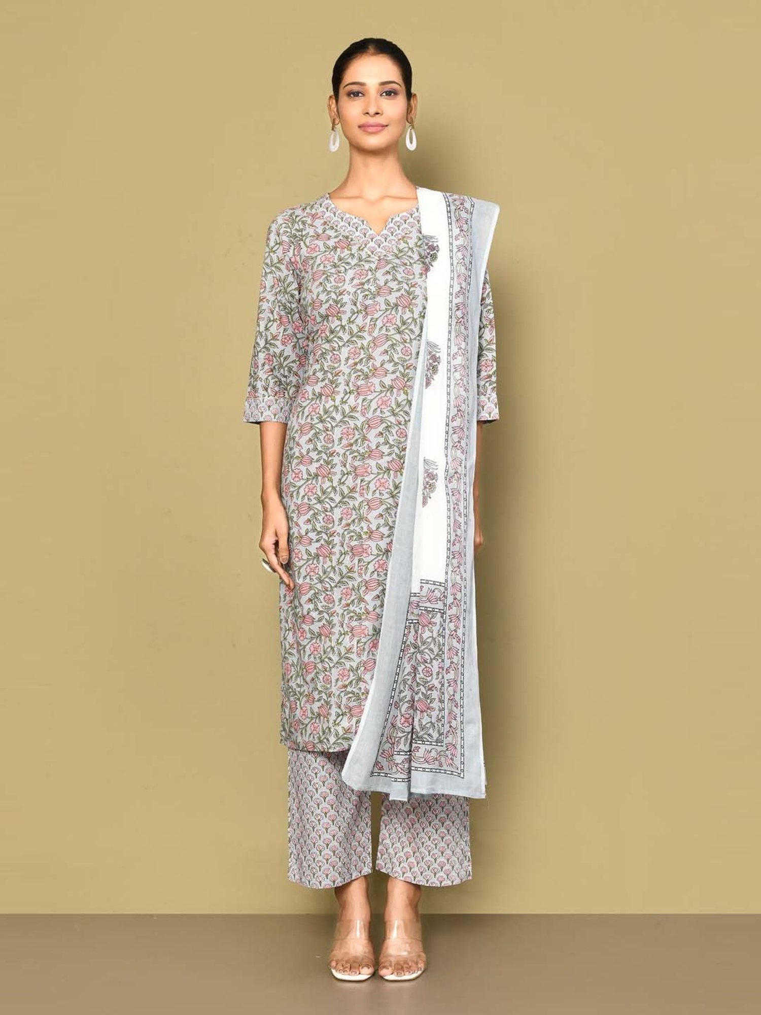 Miravan Blue Cotton Printed Kurta Palazzo Set With Dupatta