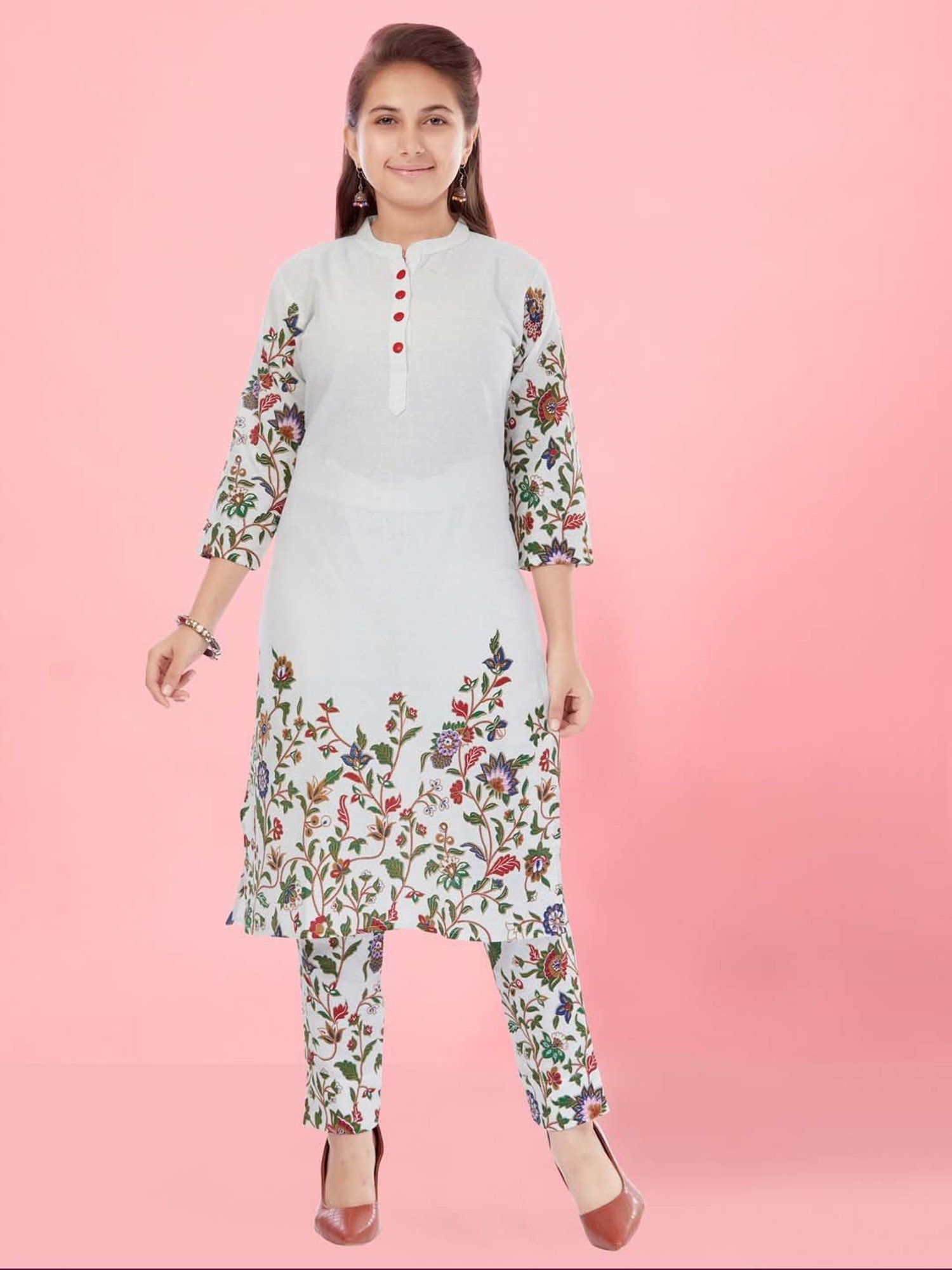 Aarika Kids White Cotton Floral Print Kurti