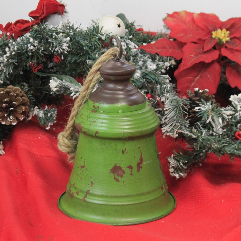 Home Decor 9.5" 9.50  Inch Green Metal Bell Tin Decorate Christmas Holiday  -  Decorative Figurines