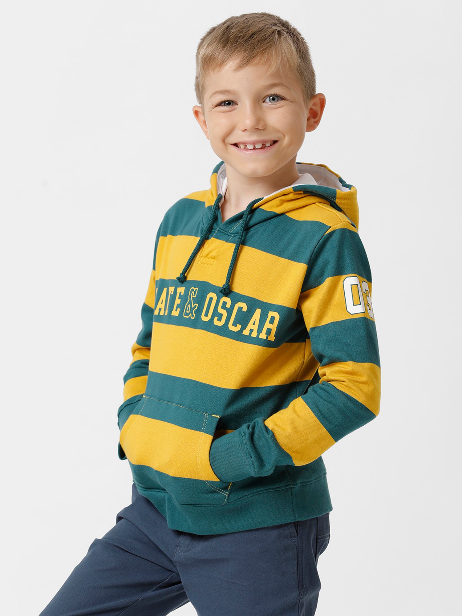 Kate & Oscar Kids Mustard & Teal Striped Full Sleeves Sweatshirt