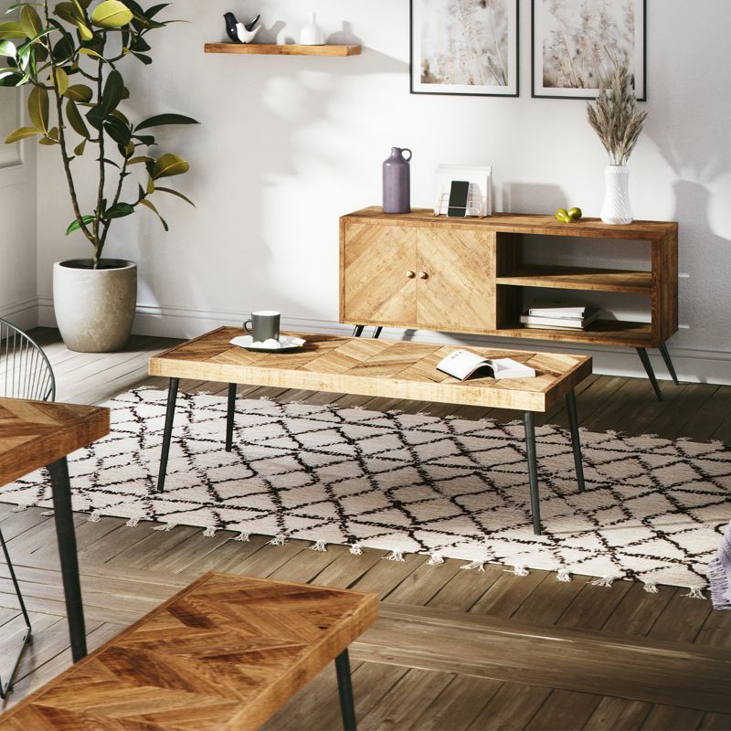 Mindful Living Rustic Farmhouse Mid Century Modern Fusion Mango Wood Top and Iron Hairpin Legs Chevron Pattern Rectangular Accent Coffee Table, Beige