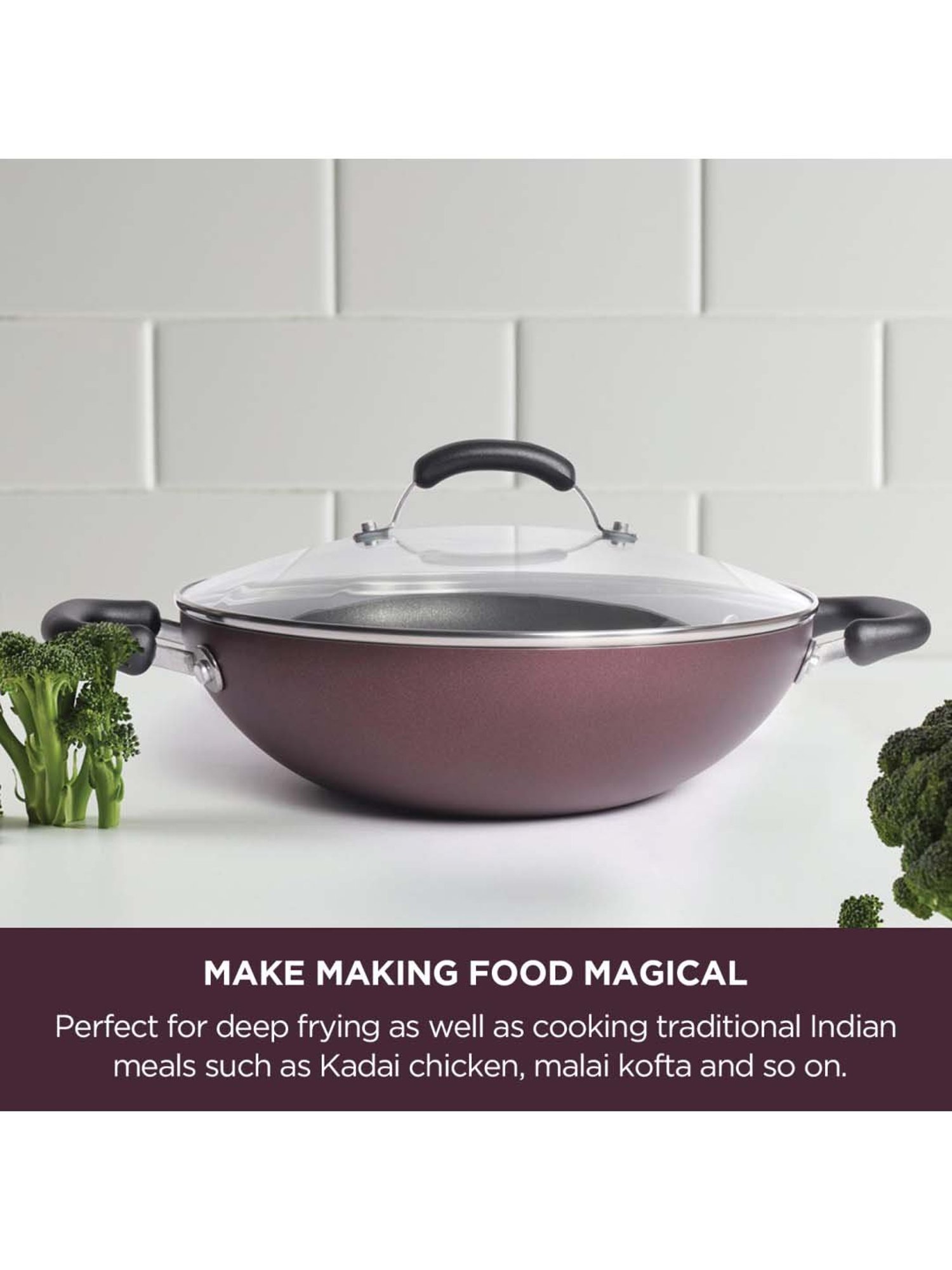 Meyer Merlot Non-Stick Kadai/Wok With Lid, 26cm