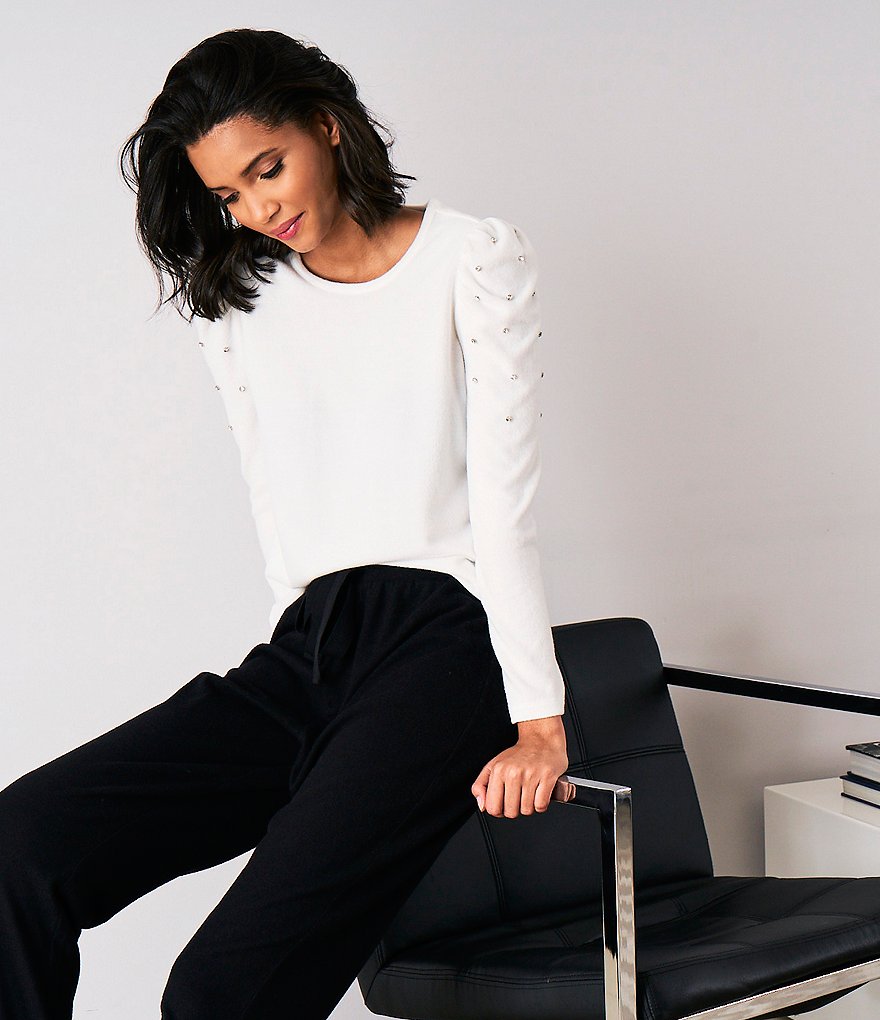 CeCe Long Sleeve Rhinestoned Puff Shoulder Knit Top