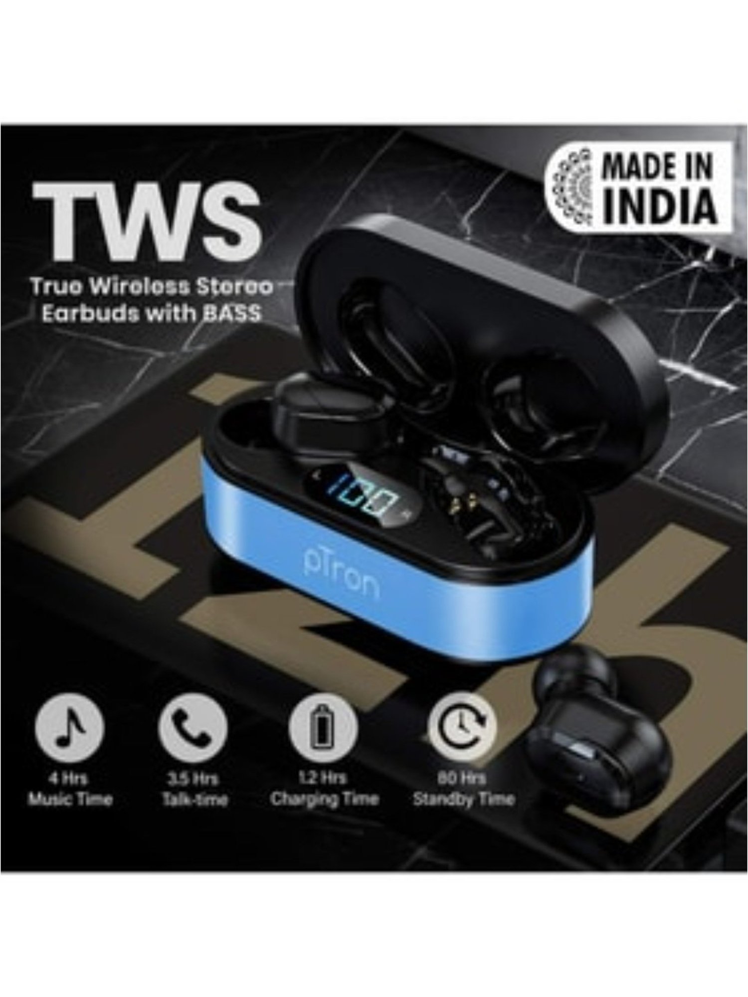 PTron Bassbuds Plus True Wireless Bluetooth 5.0 Earbuds, Digital Display & with Mic (Blue & Black)