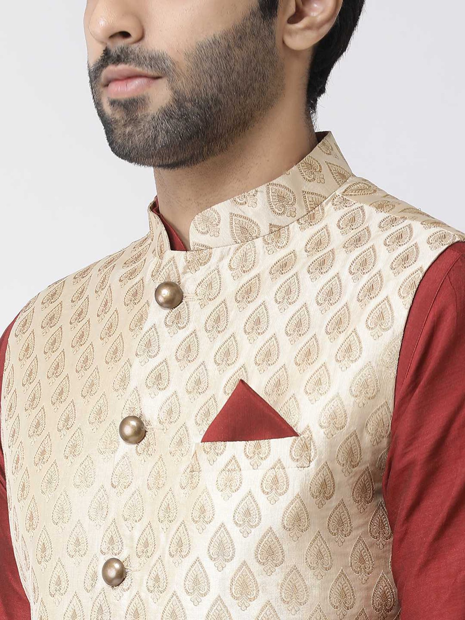 KISAH PLUS Beige & Maroon Regular Fit Jacquard Kurta Set With Jacket