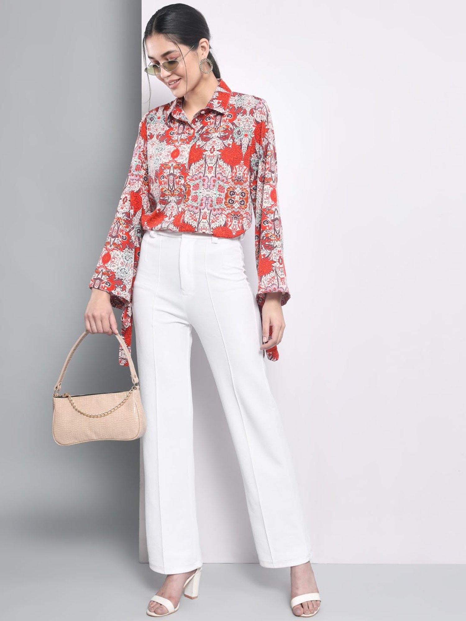 Trend Arrest Red & Off White Floral Print Tie-Up Shirt