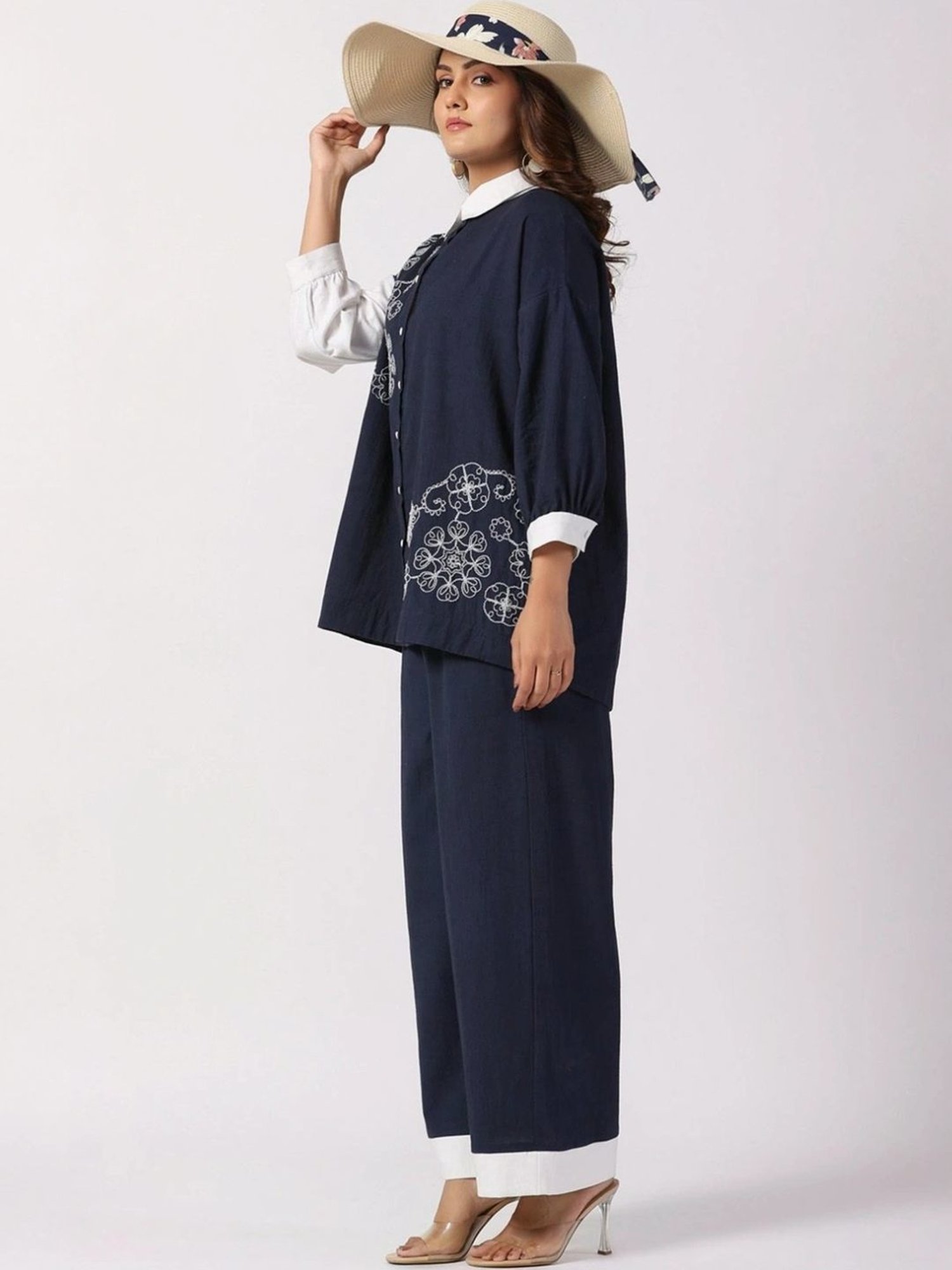 Kaftanize Navy Blue & White Embroidered Cotton Shirt with Pant Co-Ord Set