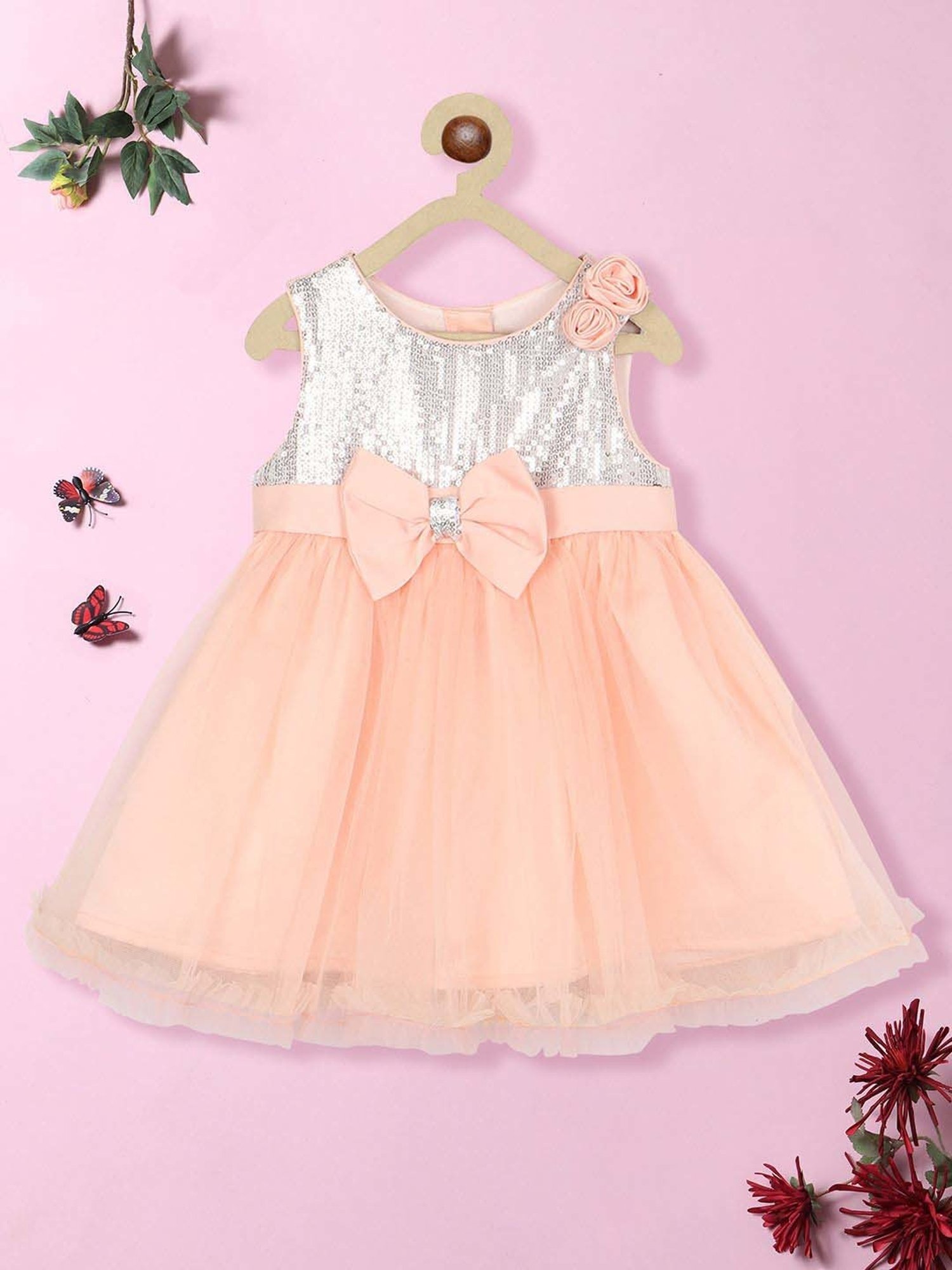 Nauti Nati Kids Peach & Silver Embellished Dress