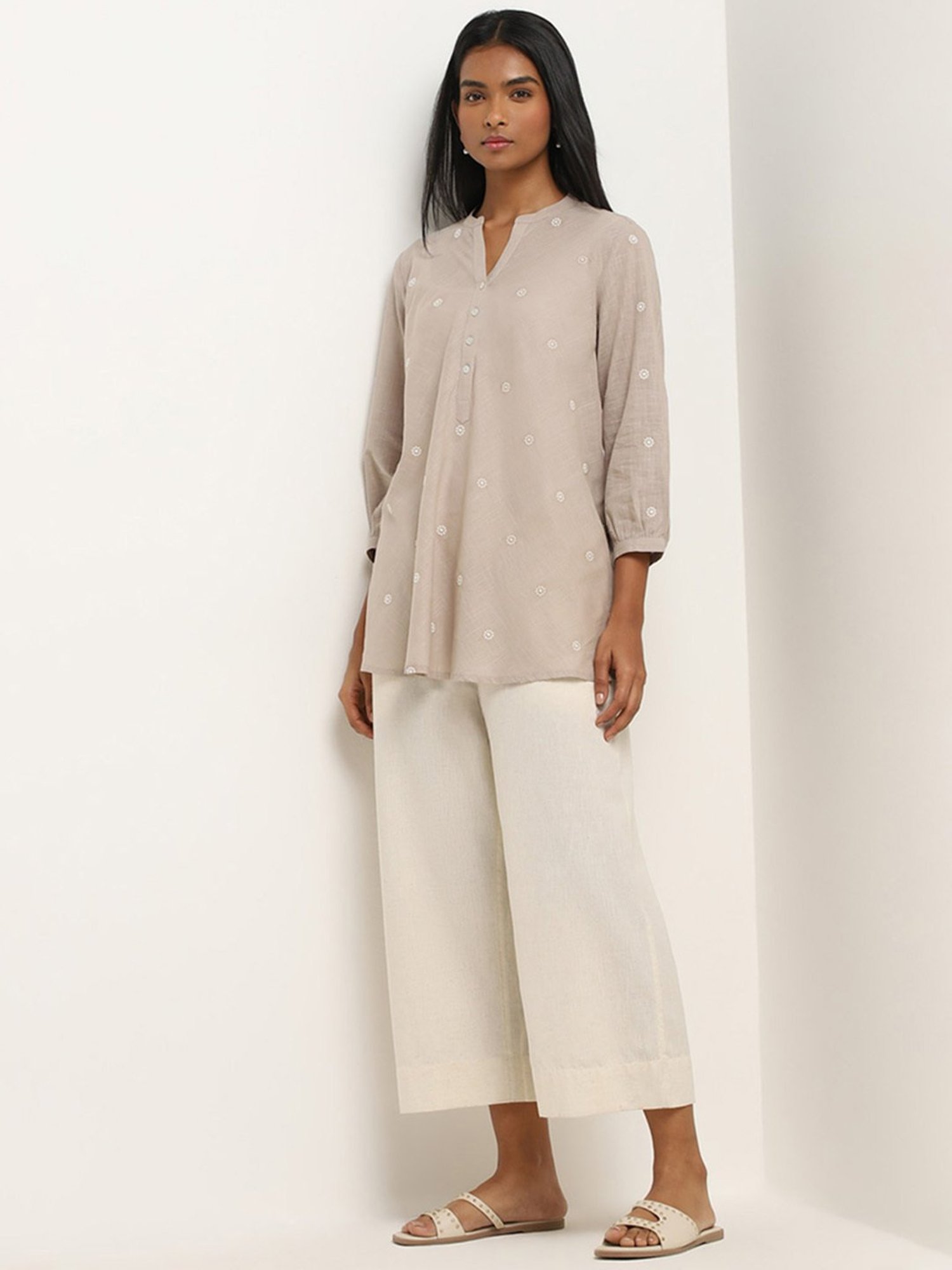 Utsa by Westside Taupe Embroidered A-Line Cotton Kurti