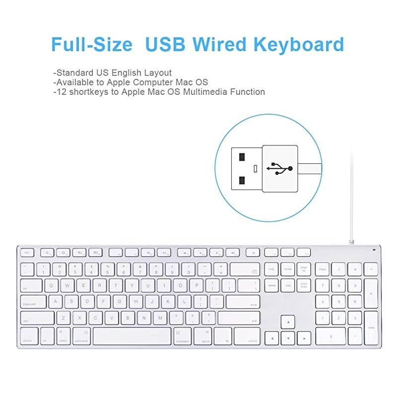 Wired Keyboard for Apple Mac Aluminum Full Size Computer Keyboard with Numeric Keypad Compatible with Magic iMac MacBook ProAir Laptop and PCWhite