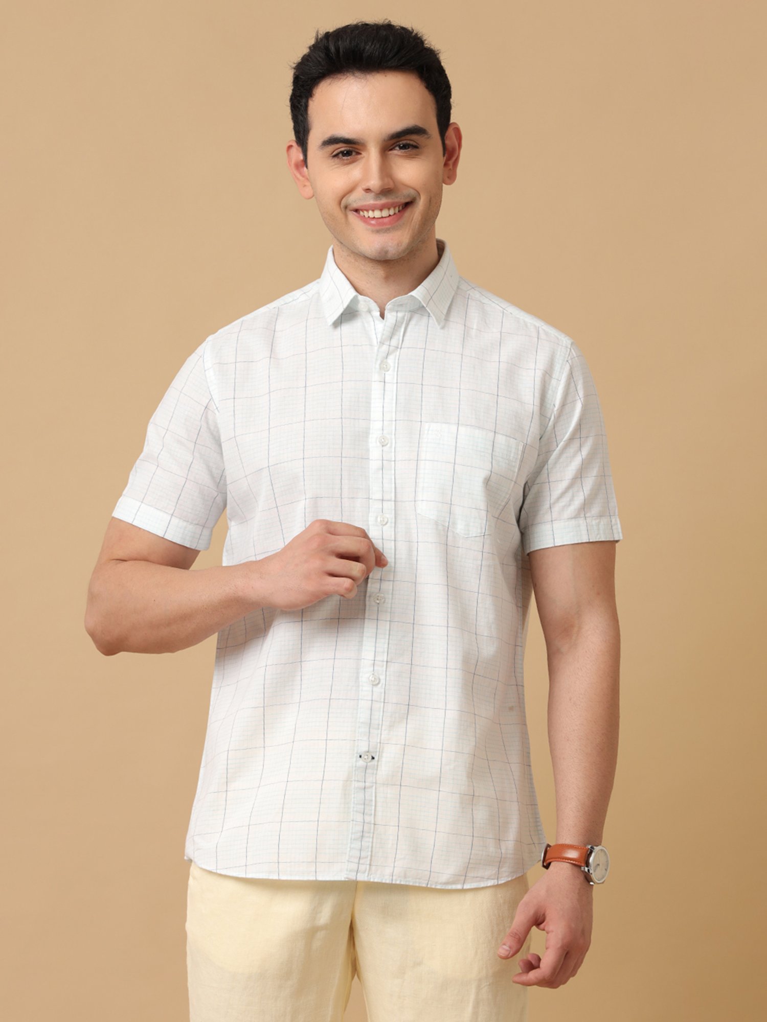 CAVALLO by Linen Club White Contemporary Fit Check Shirt