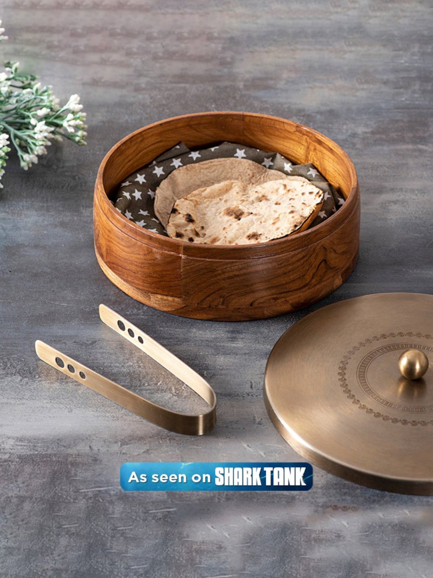 Nestroots Wooden Casserole Box Chapati Box Food Warmer Hotcases Hotpot Roti Box with Gold Lid & Tong