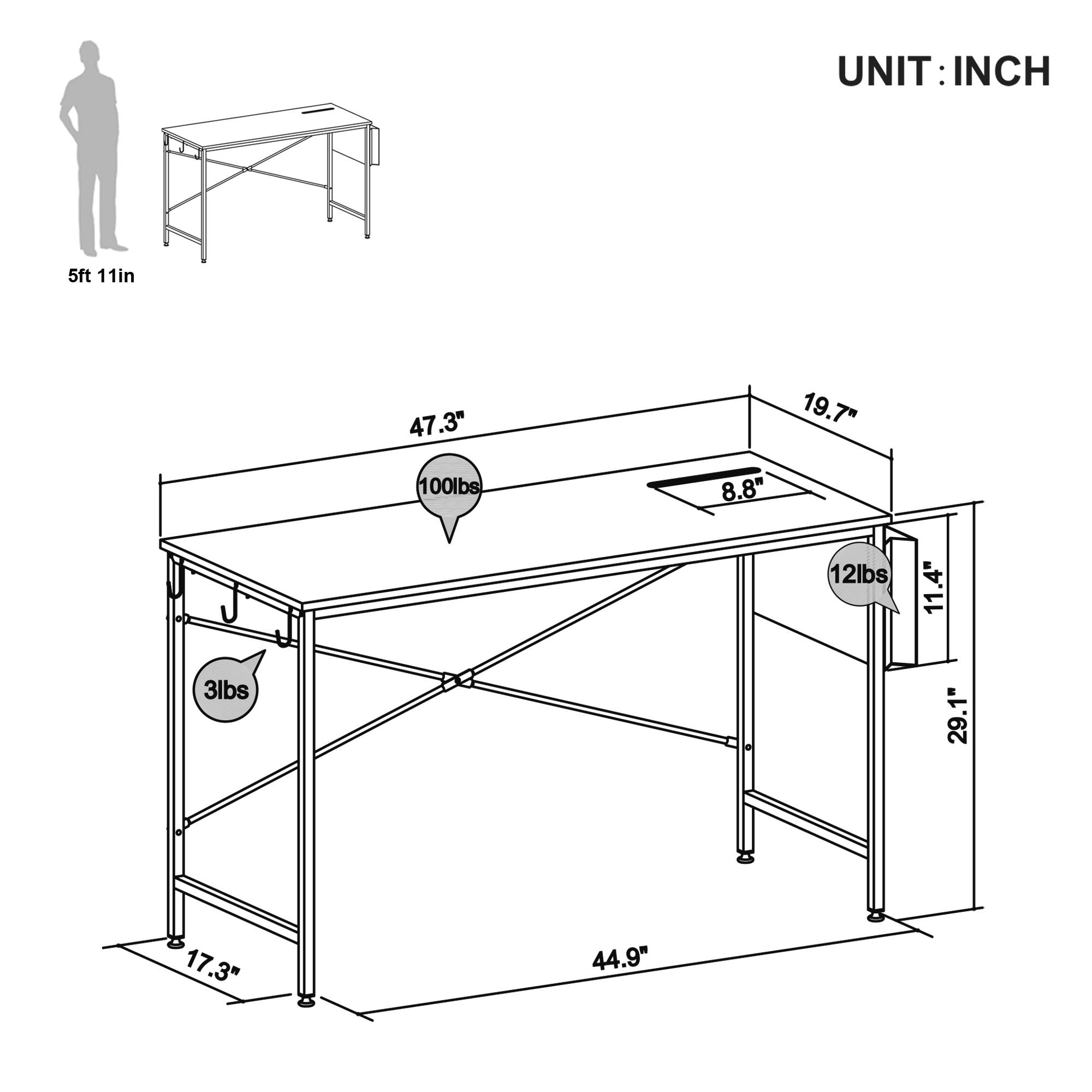 Bestier Computer Desk 47 Inch Office Desk Study Writing Desk, Simple Modern Style Laptop Table with Storage Bag & 3 Little Hook, Retro Gray Top