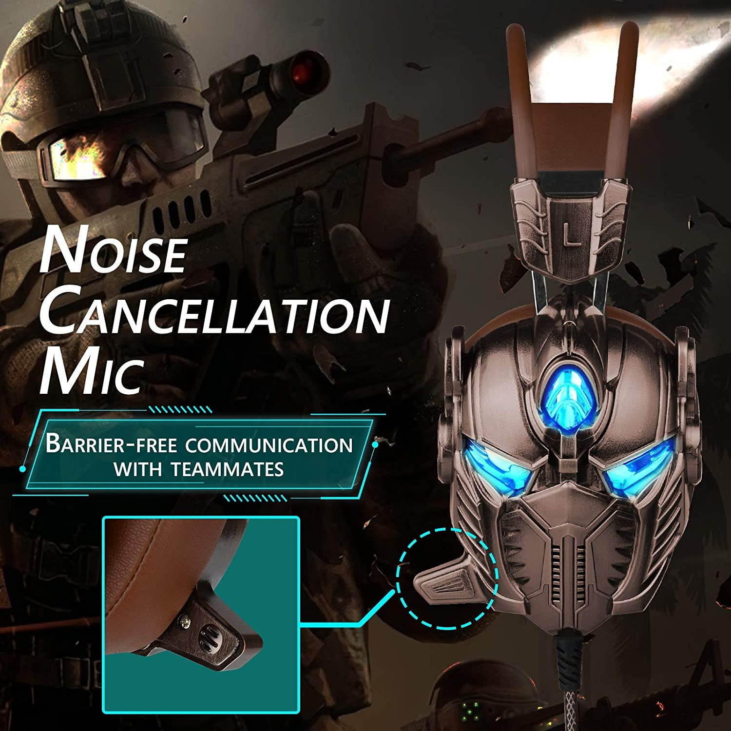 Geekria Gaming Headphones for Xbox One, PS4, PC, Controller, Noise Cancelling Over-Ear Headphones with Mic, LED Light Bass 7.1 Surround Soft Memory Earmuffs Robot Appearance Gaming Headset