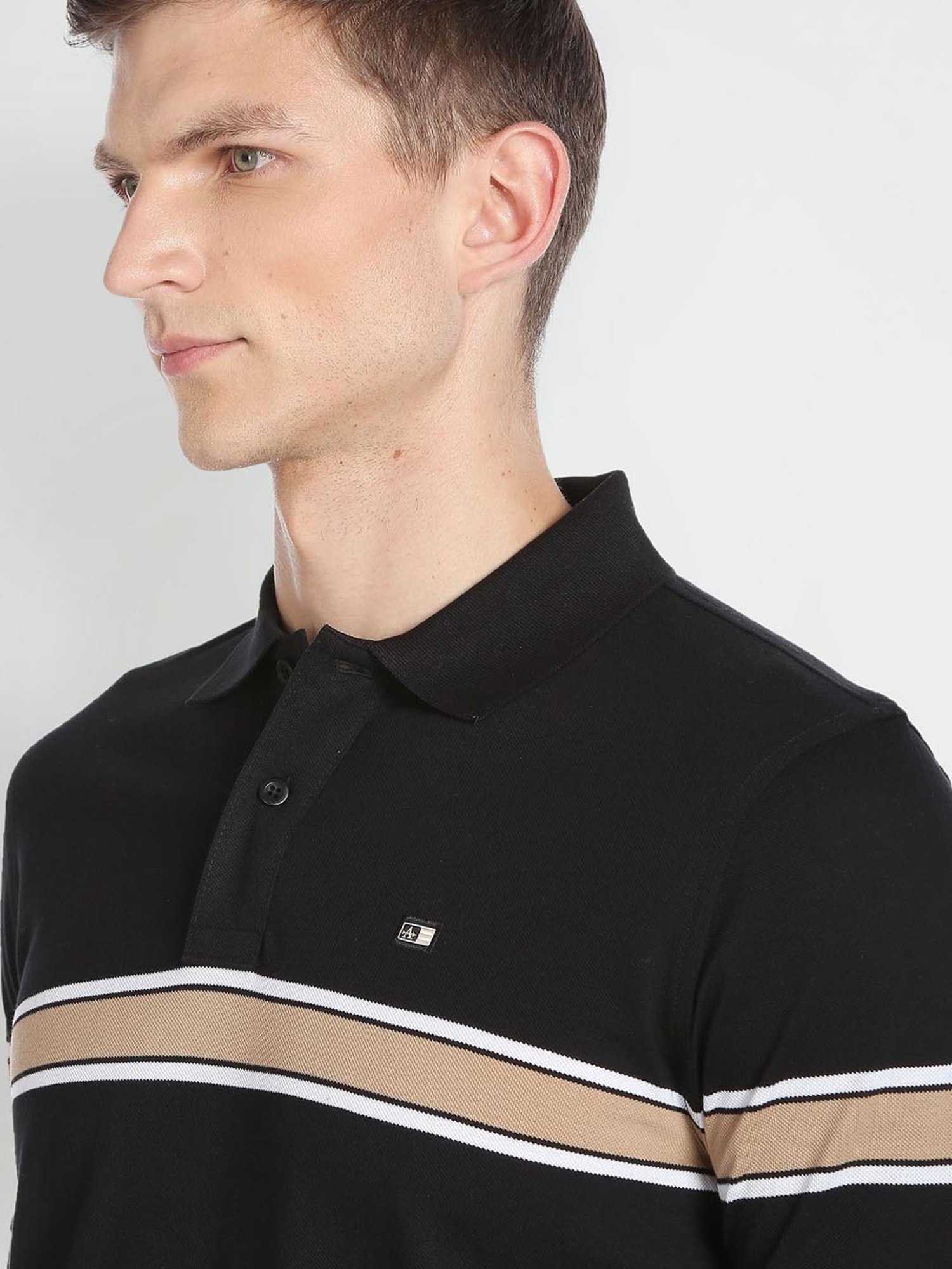 Arrow Sport Black Cotton Regular Fit Striped Polo T-Shirt