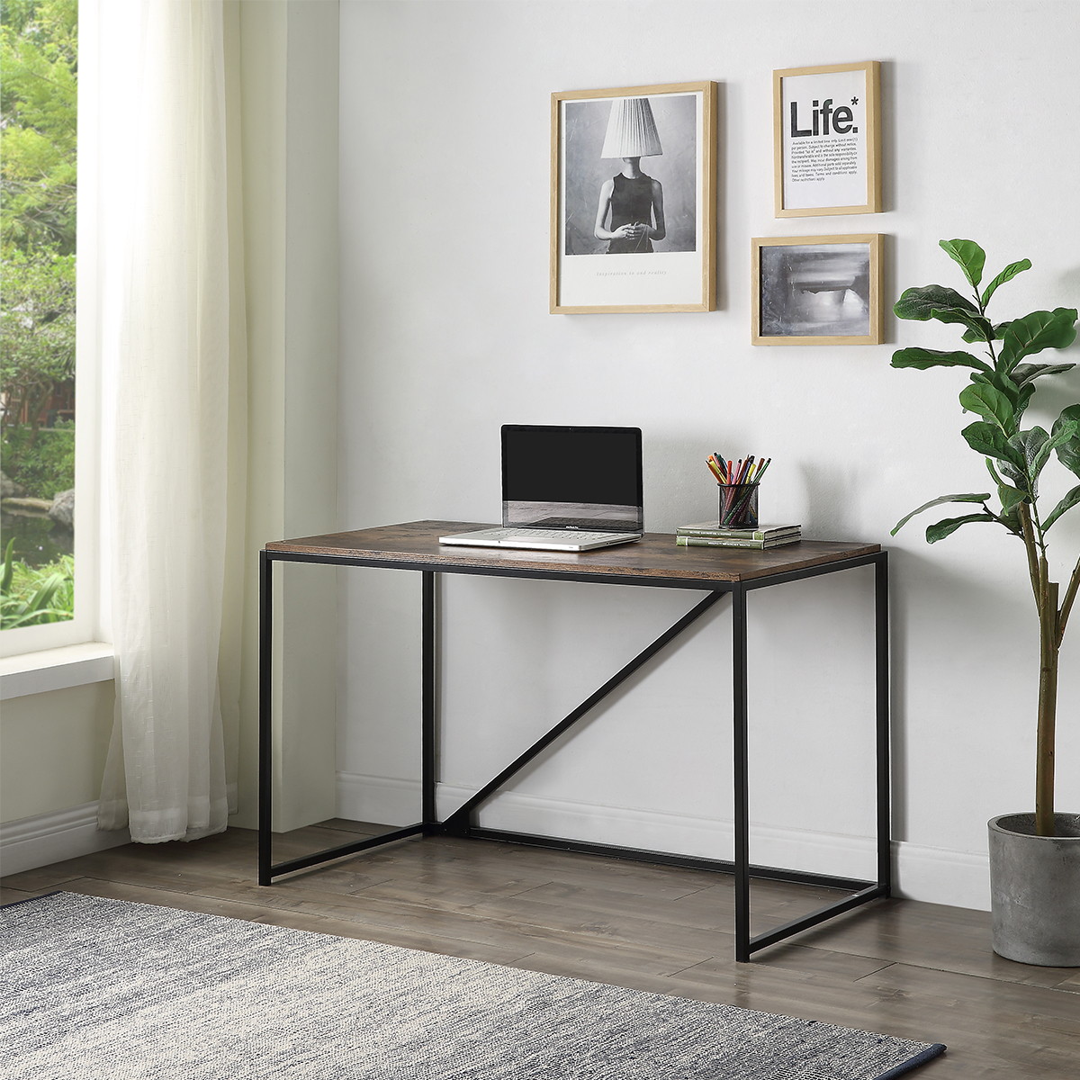 46" Home Office Computer Desk Small Desk Home Office Study Desk Modern Simple Laptop Table Gaming Desk Metal Frame Easy Assembly Industrial Style Brown