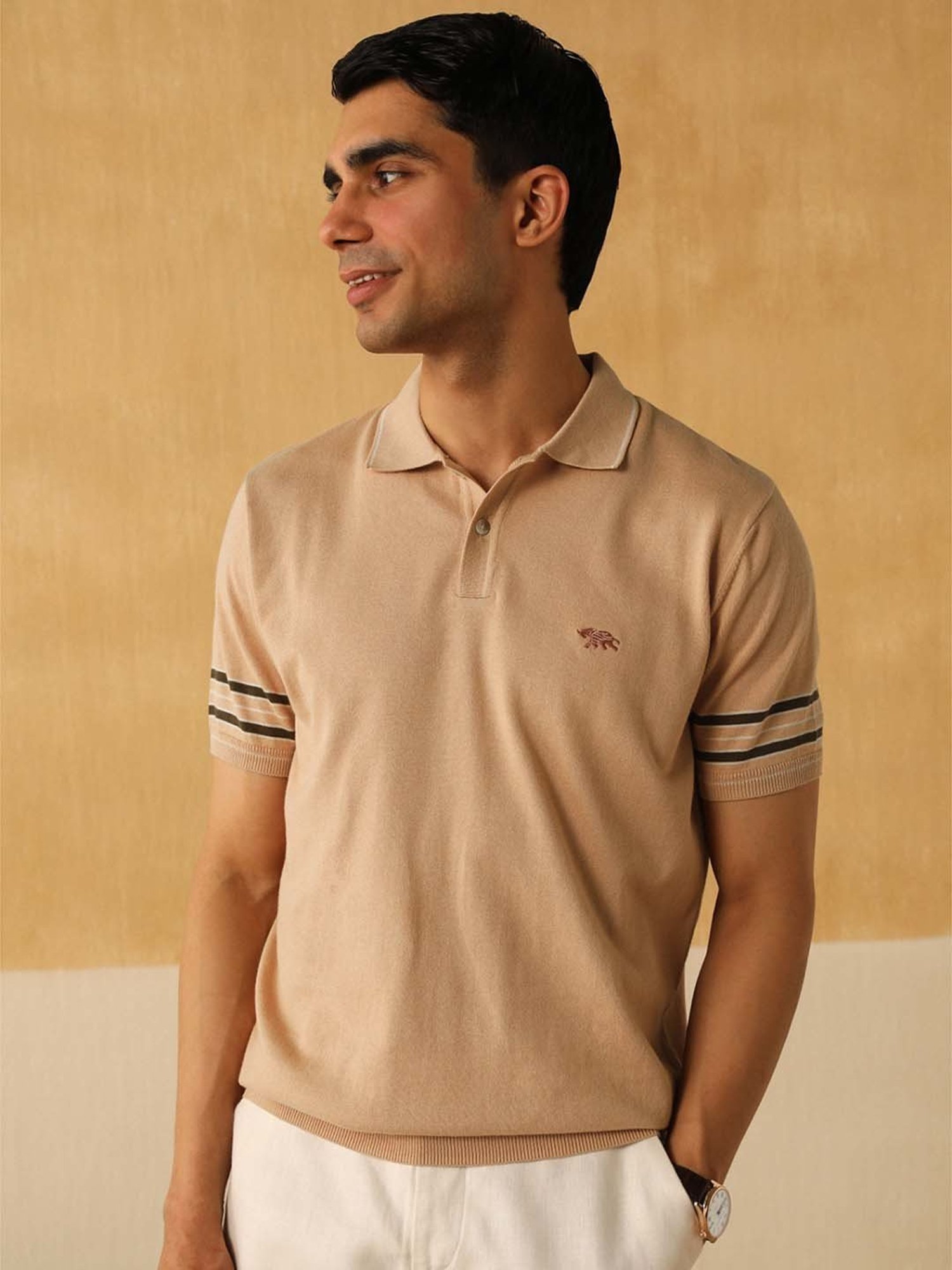 Andamen Beige Cotton Regular Fit Polo T-Shirt
