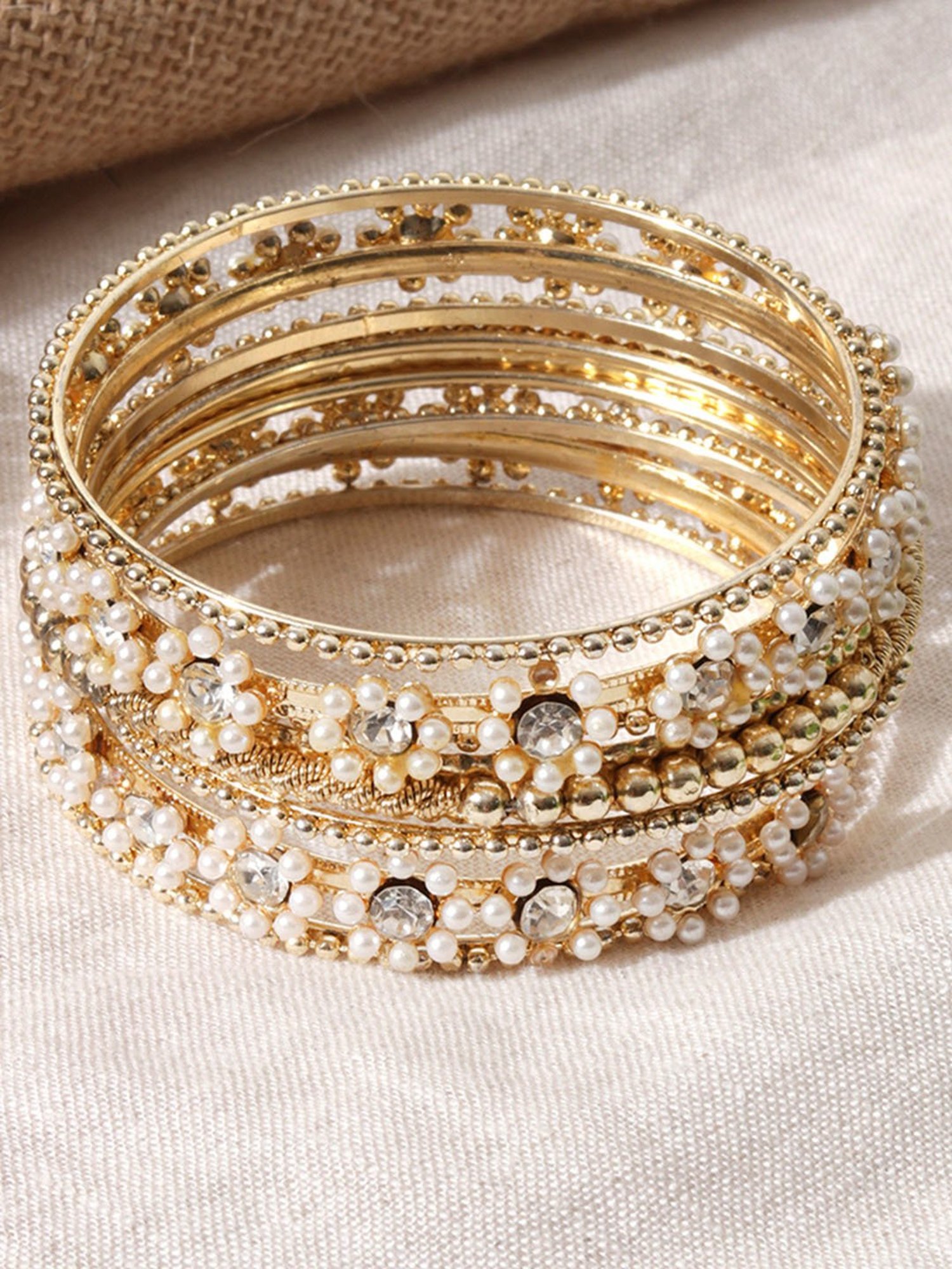 Fida Gold-toned Beaded & Stone Embellished Bangles for Women - Set of 9