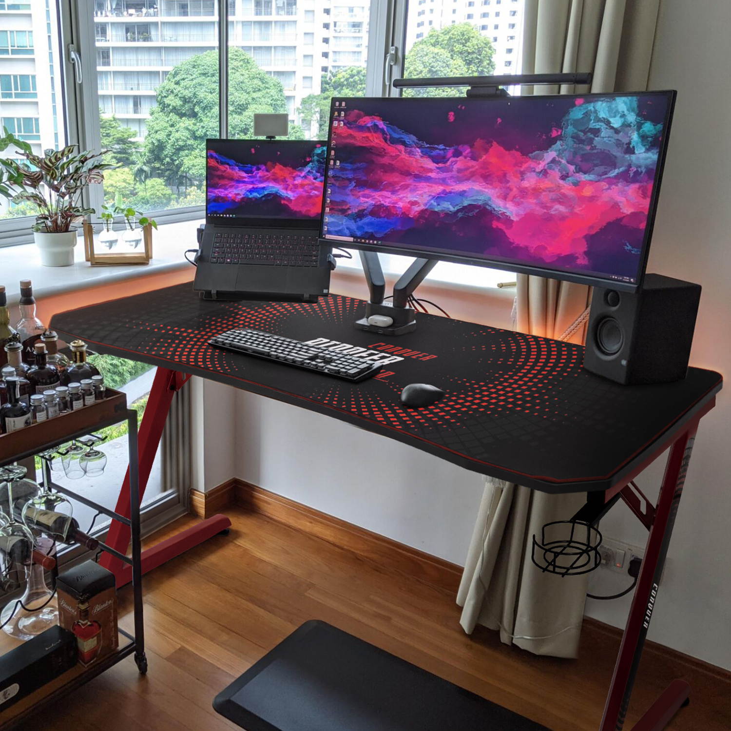 Devoko Gaming Desk 55 Inch Computer Gaming Desk Z-Shaped Pc Gaming Desk with Carben Fiber Surface Gamer Desk with Free Mouse Pad Home Office Desk with Cup Holder and Headphone Hook (Black)