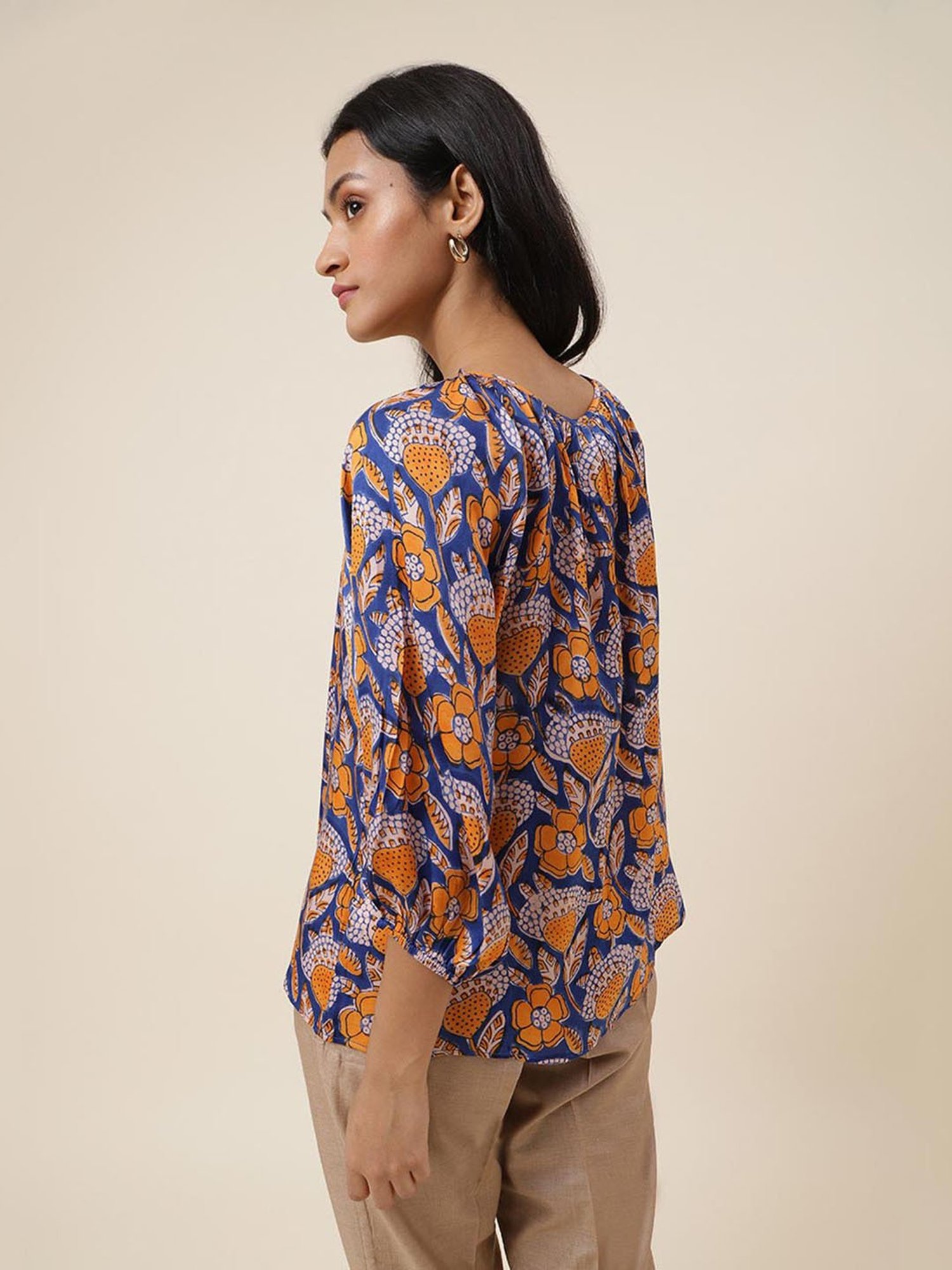 Fabindia Royal Blue & Mustard Printed Top
