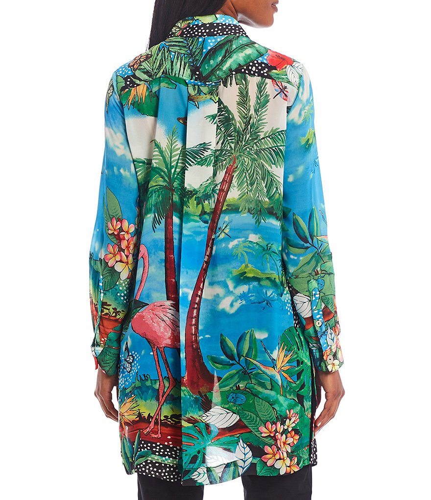 John Mark Button Front Georgette Tropical Print Side Slit Long Tunic