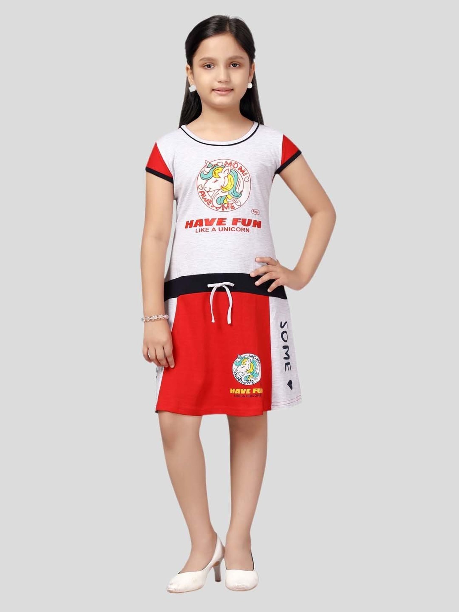 Aarika Kids Grey & Red Printed Midi Dress