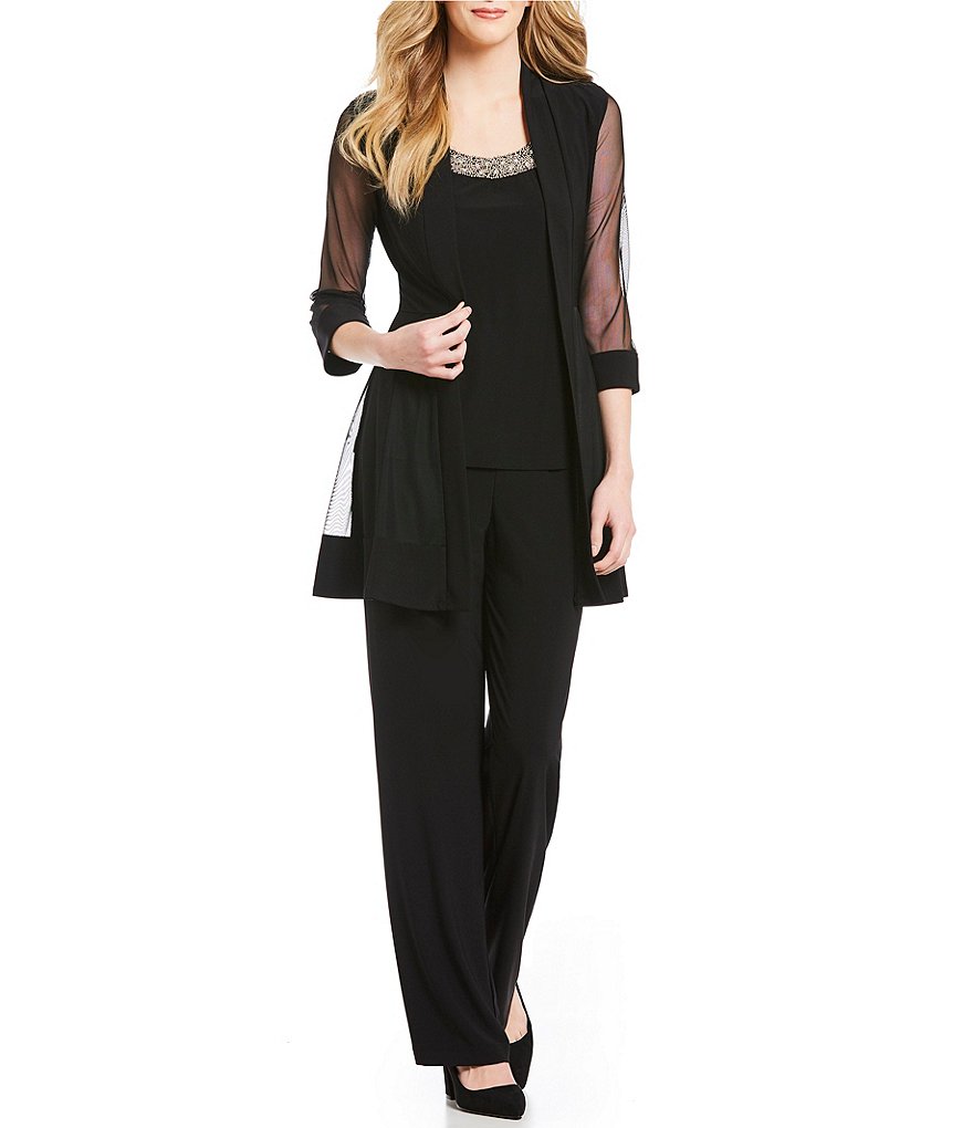 R&M Richards Mock 3-Piece Stretch Beaded-Neck Pant Set