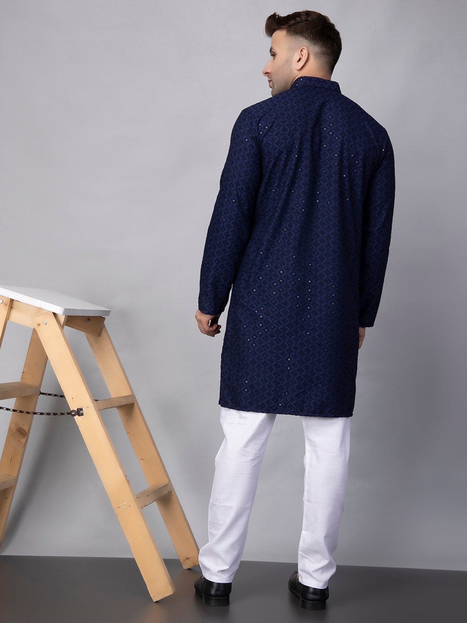 Hangup Navy & White Regular Fit Embroidered Kurta & Pyjamas Set