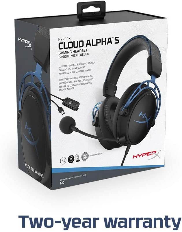 HyperX Cloud Alpha S - PC Gaming Headset, 7.1 Surround Sound, Adjustable Bass, Dual Chamber Drivers, Breathable Leatherette, Memory Foam, and Noise Cancelling Microphone - Blackout (HX-HSCAS-BK/WW)