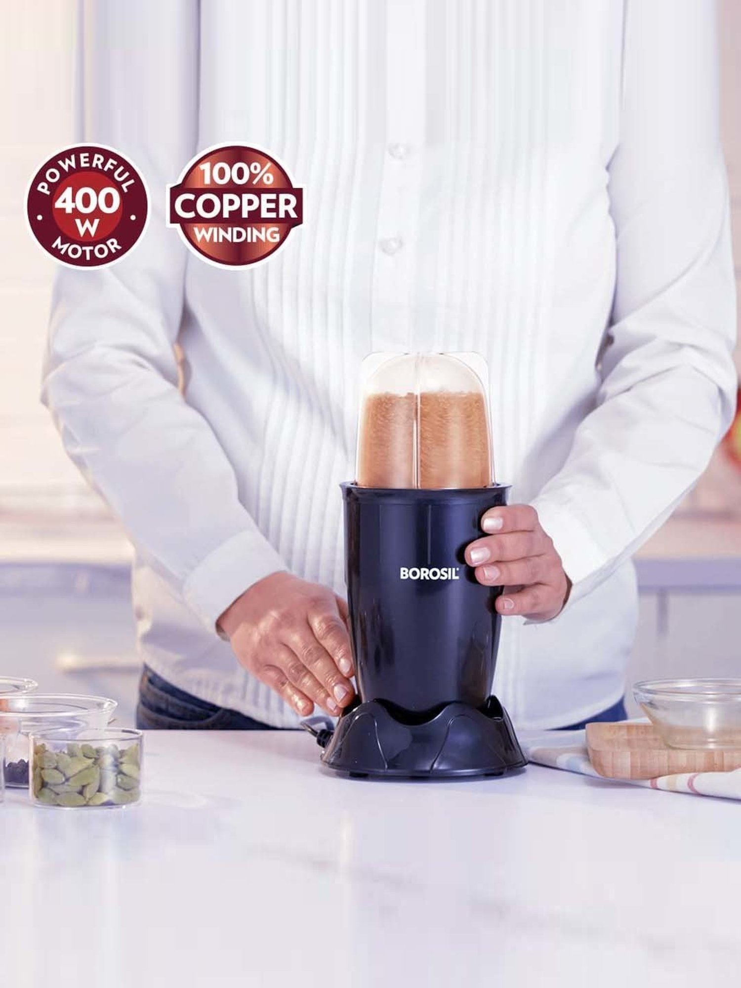 Borosil NutriFresh PB31 Black Plastic 400W Portable Mini-Blender & Grinder