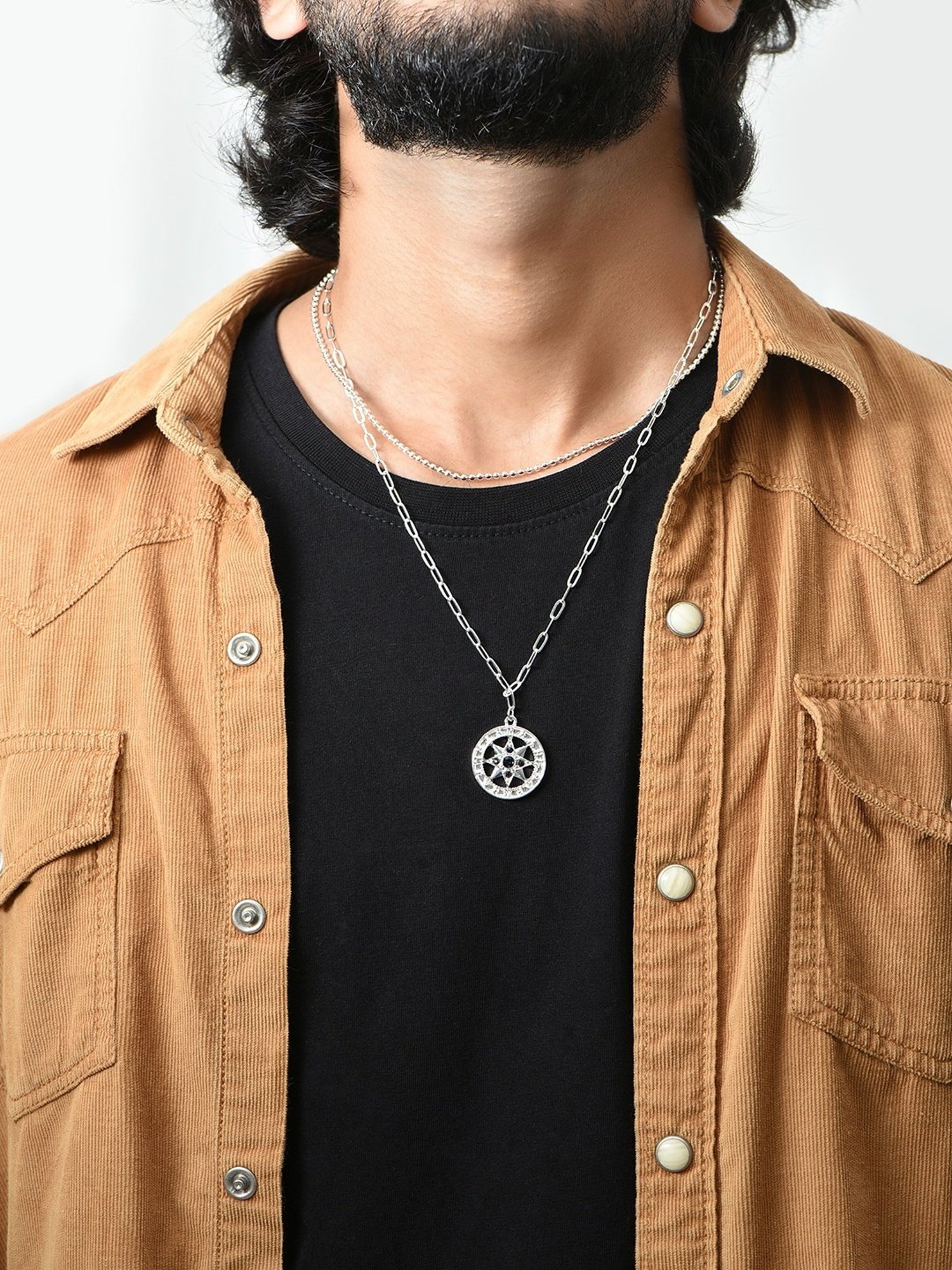 The Bro code Black Silver-Plated Round CZ Studded Charm Ball Chain Layered Necklace for Men