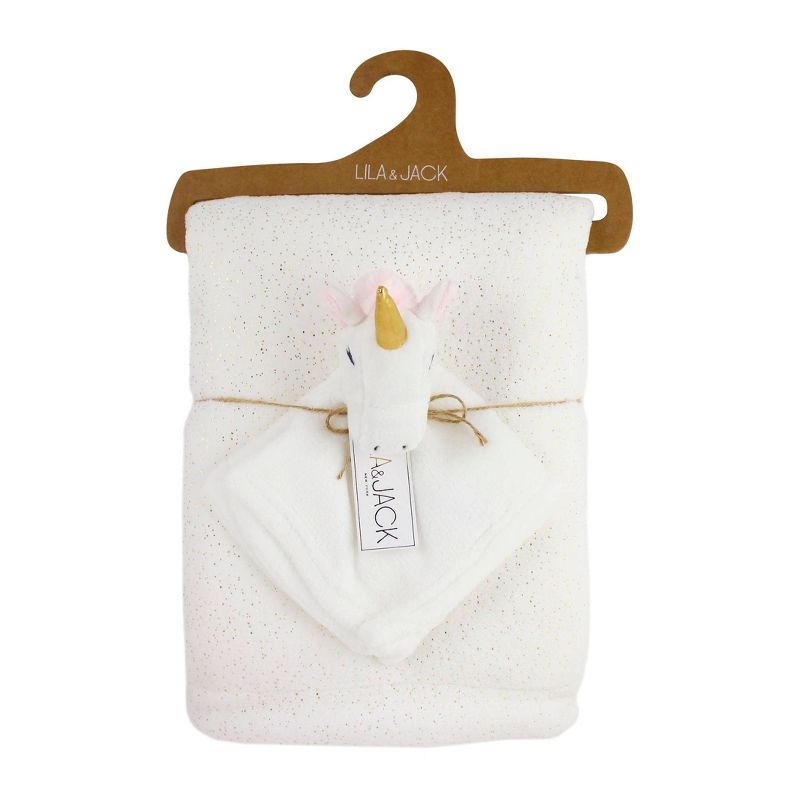Lila and Jack White with Gold Metallic Fleece Kids' Throw with White Unicorn Lovey Set