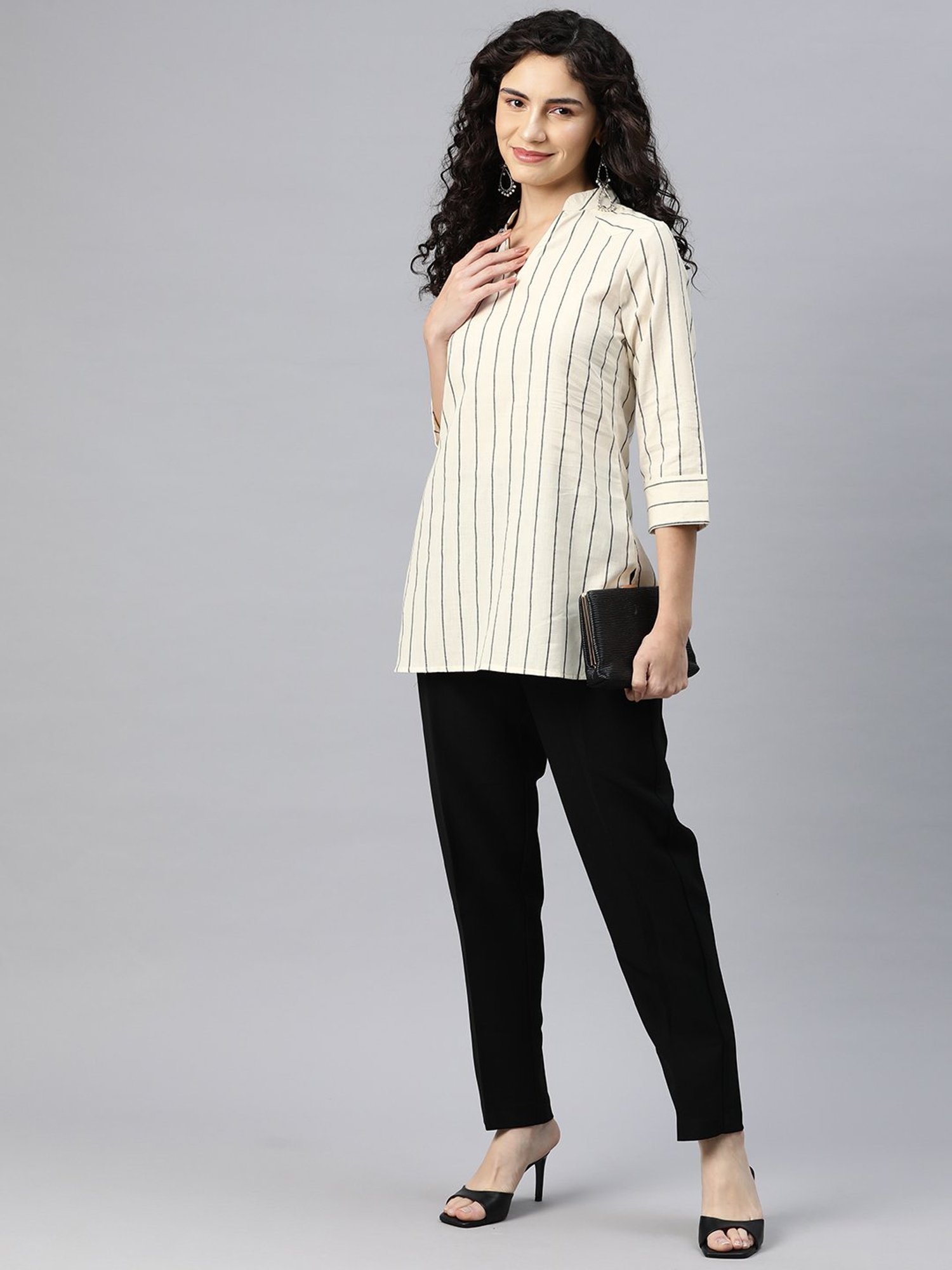 Cottinfab White & Black Cotton Striped Top