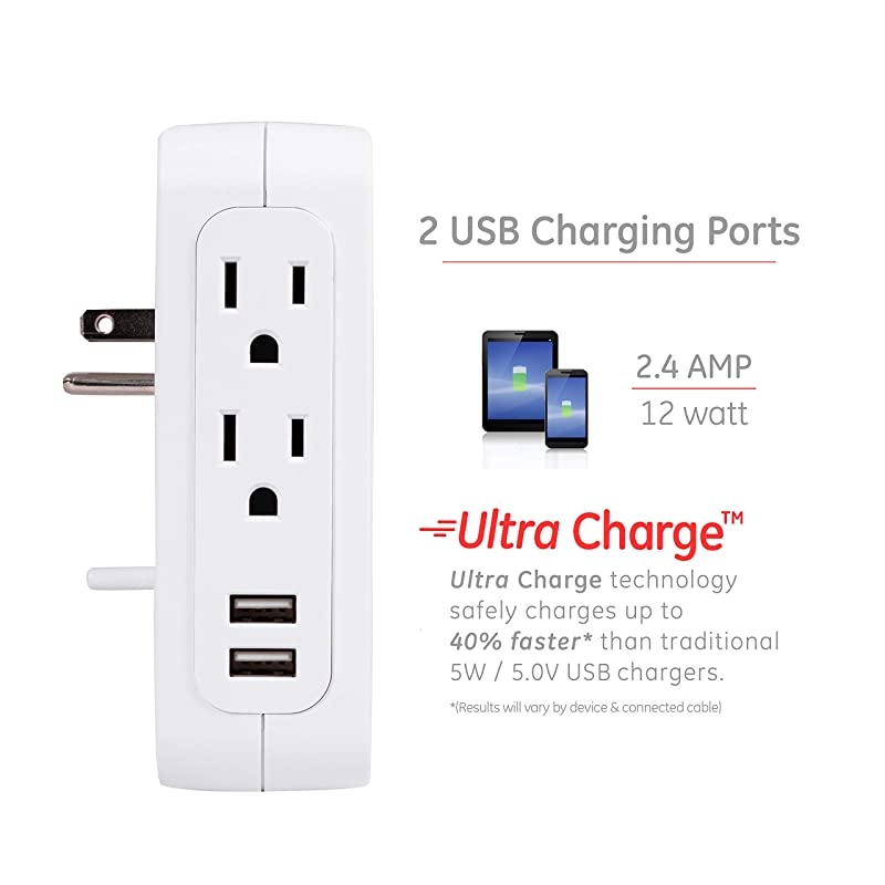 USB Charging Sur Protector 5 Outlet 2 USB Ports Wall Charr Fast Char Side Access 24A 560 Joules Protection Rating White Finish 38314