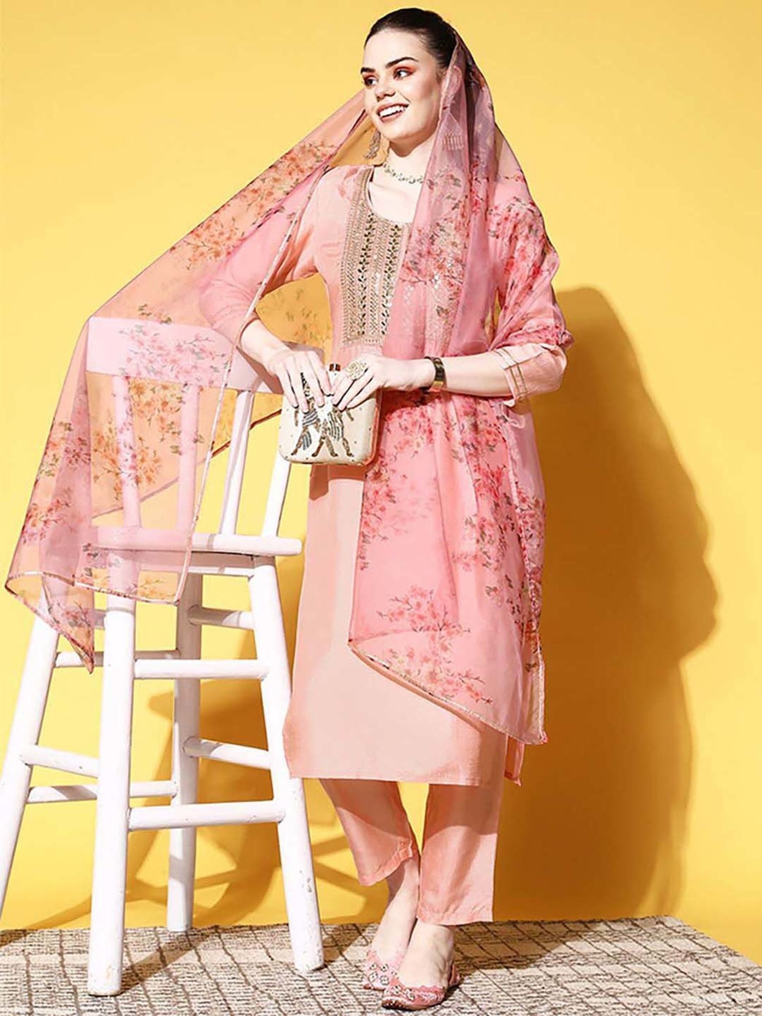 Ishin Peach Embellished Kurta & Pant Set With Dupatta