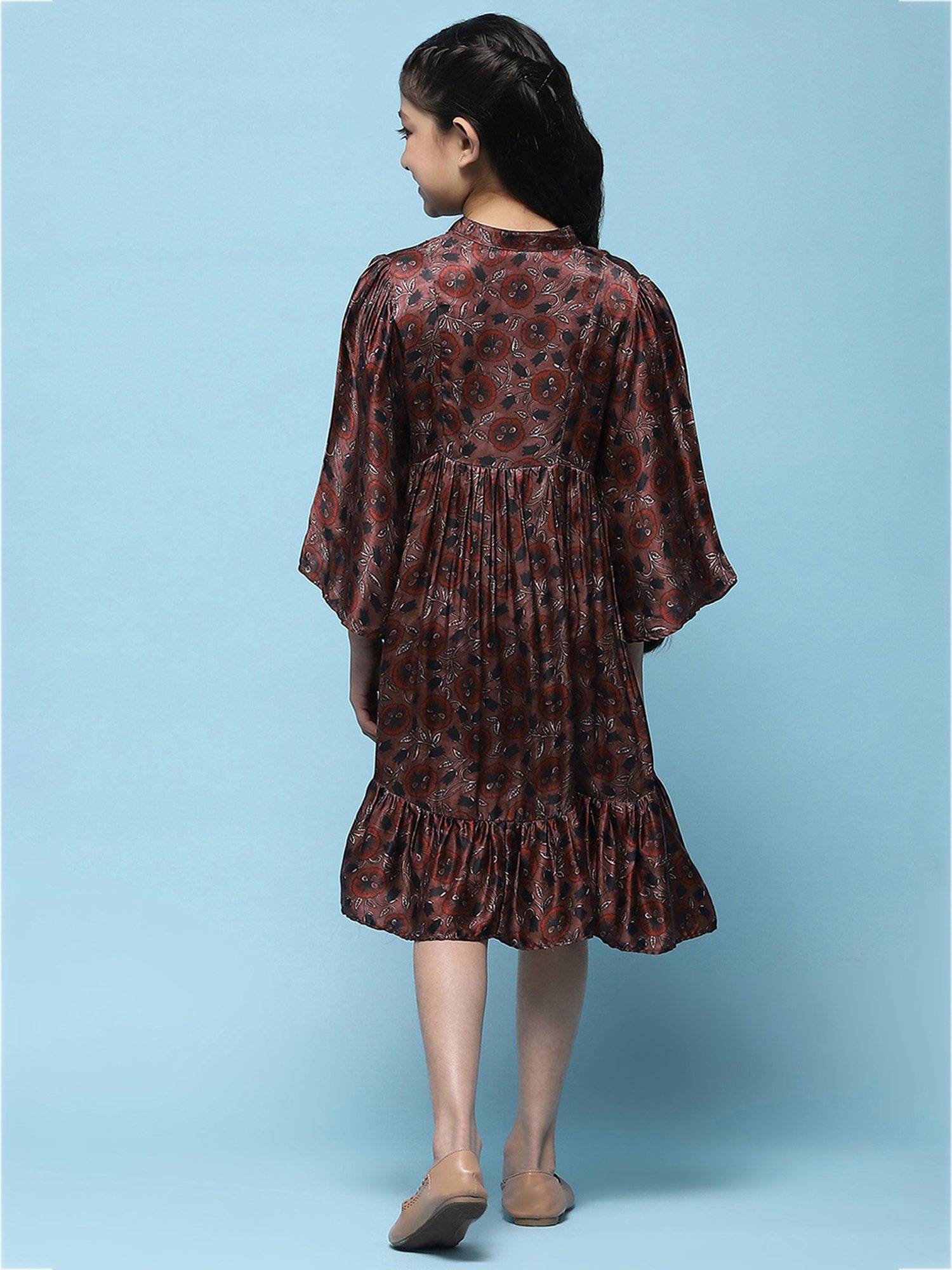 BIBA Girls Brown Embroidered Dress