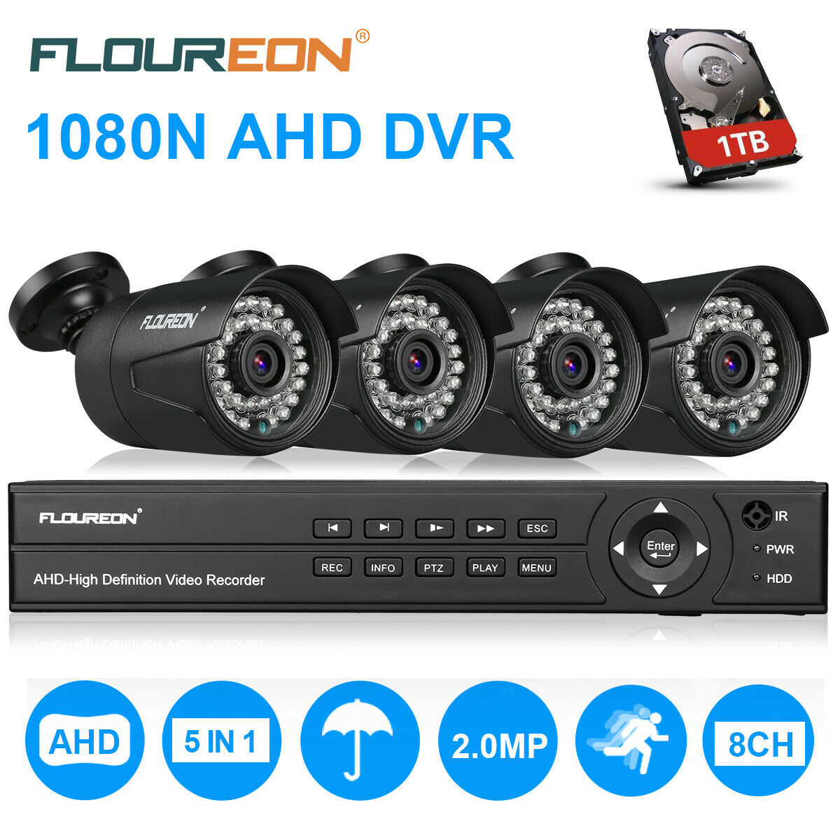 8CH 1080P CCTV AHD DVR Security Camera Surveillance System IR 1TB Night Vision