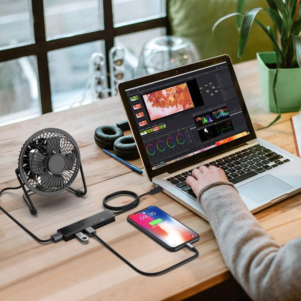 QGeeM USB C Hub Ultra-Slim Data USB Hub,3-Port USB 3.0&SD&TF Card Reader Hub with 2.5ft Extended Cable Compatible with MacBook Pro,iPad Pro,iMac,Surface Pro,5 in 1 USB Hub for Laptop(2.5ft)