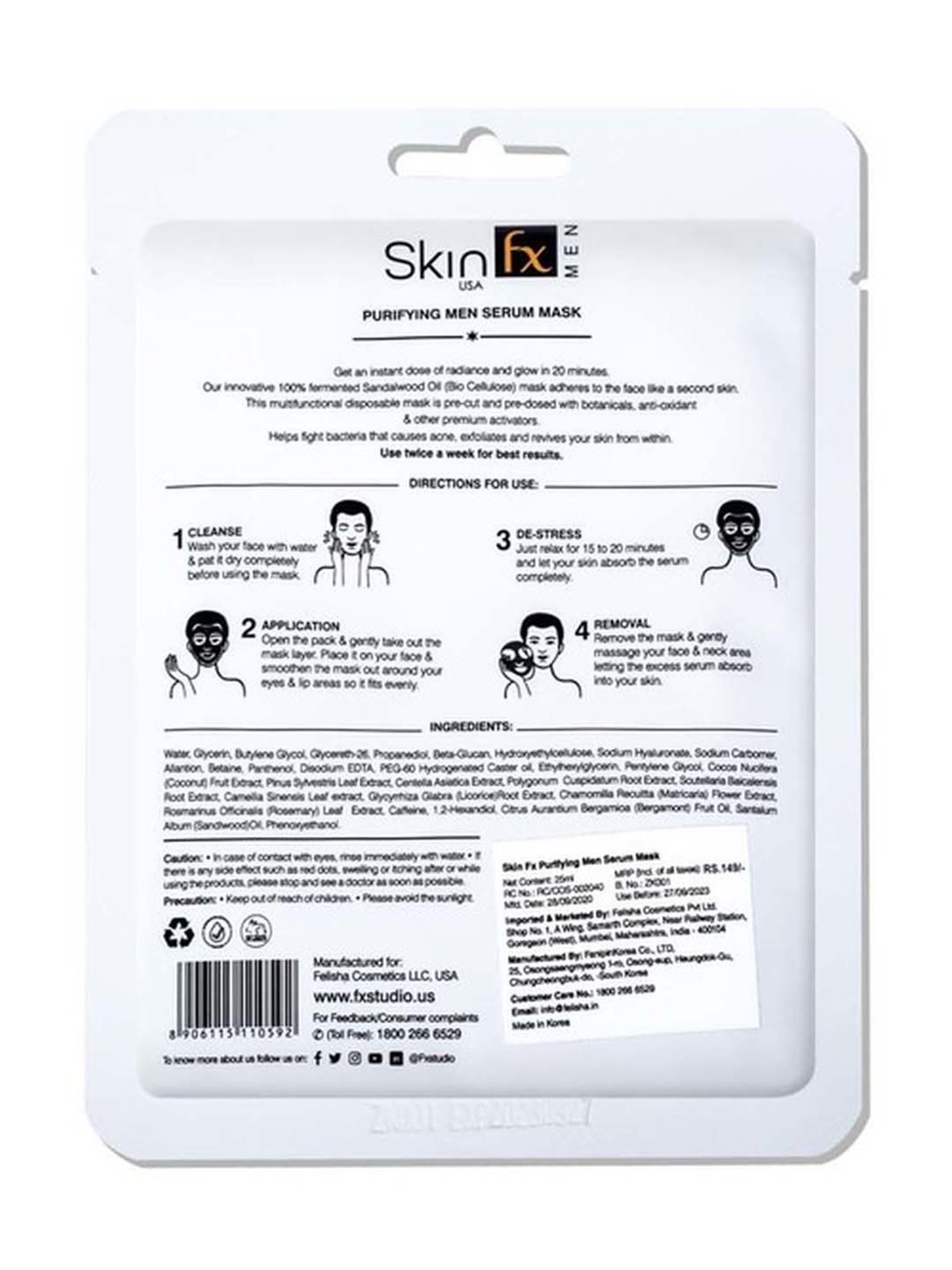 Skin Fx Anti - Aging & Purifying Men Facial Serum Mask - Pack of 2