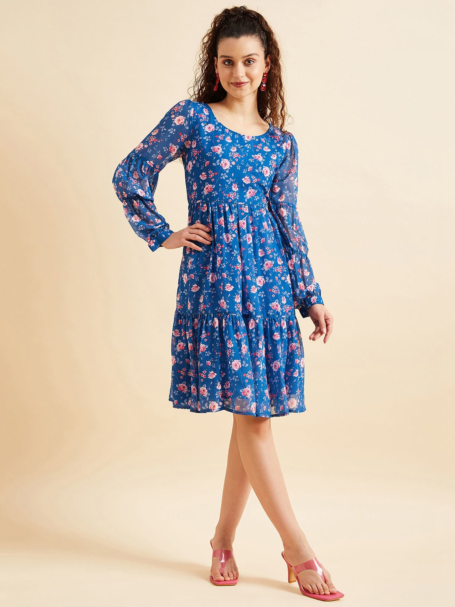 PANIT Blue Floral Print Ethnic Dress
