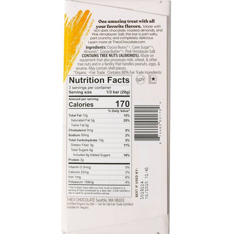 Theo Organic Salted Almond 70% Dark Chocolate Bar - 3oz