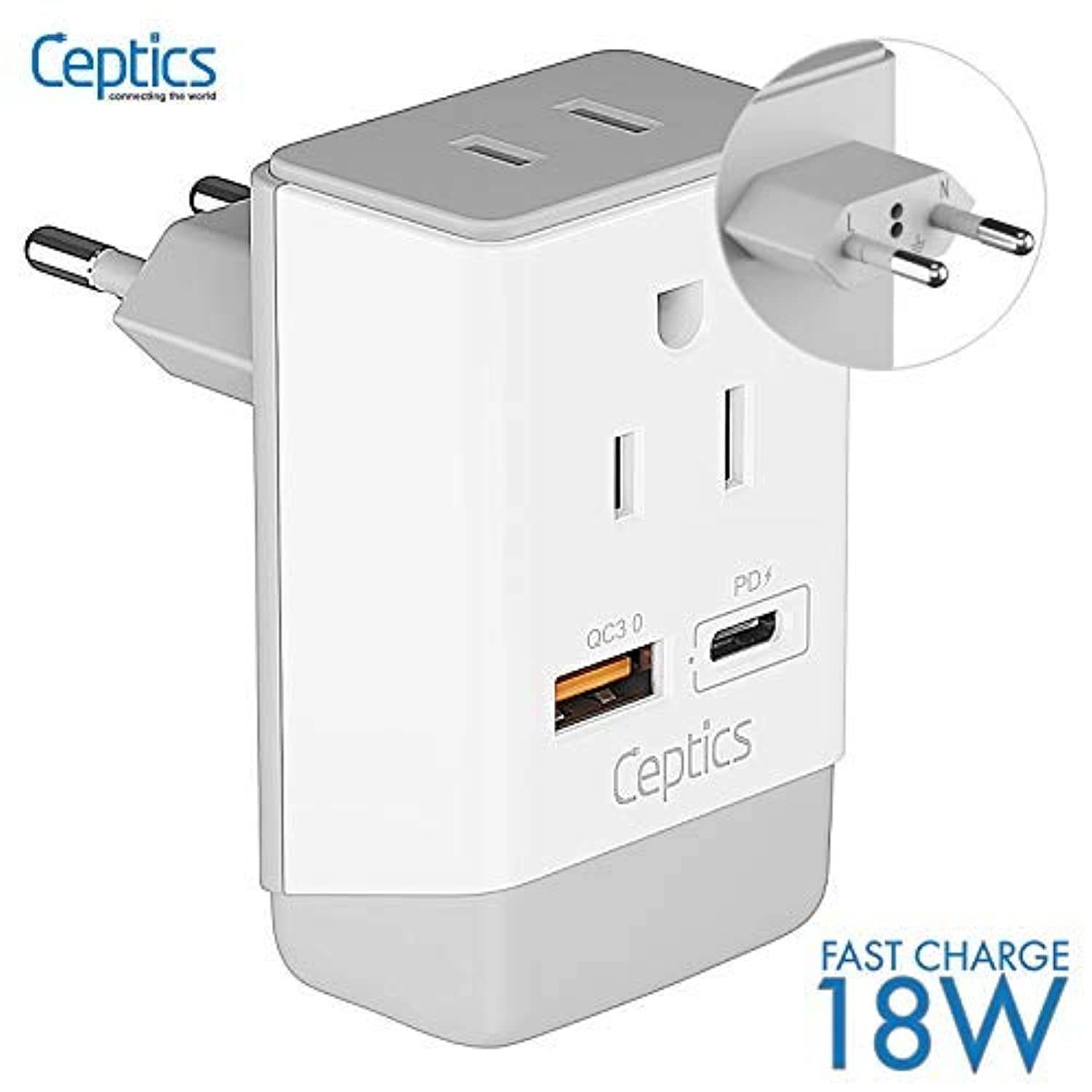 European Travel Power Plug Adapter QC 3.0  and  PD by Ceptics, Safe Dual USB  and  USB-C - 2 USA Socket - Compact  and  Powerful - Use in Greece Italy Switzerland Turkey Portugal - Type C AP-9 (AP-9C)