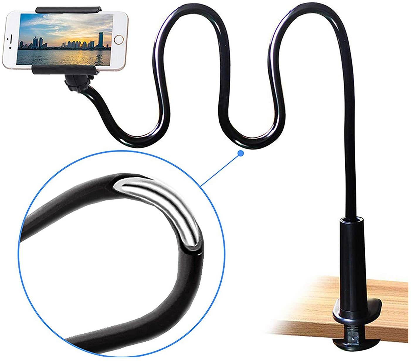 Cell Phone Clip on Stand Holder - with Grip Flexible Long Arm Gooseneck Bracket Mount Clamp for iPhone X/8/7/6/6s/5 Samsung S8/S7, for bed, desktop, Black