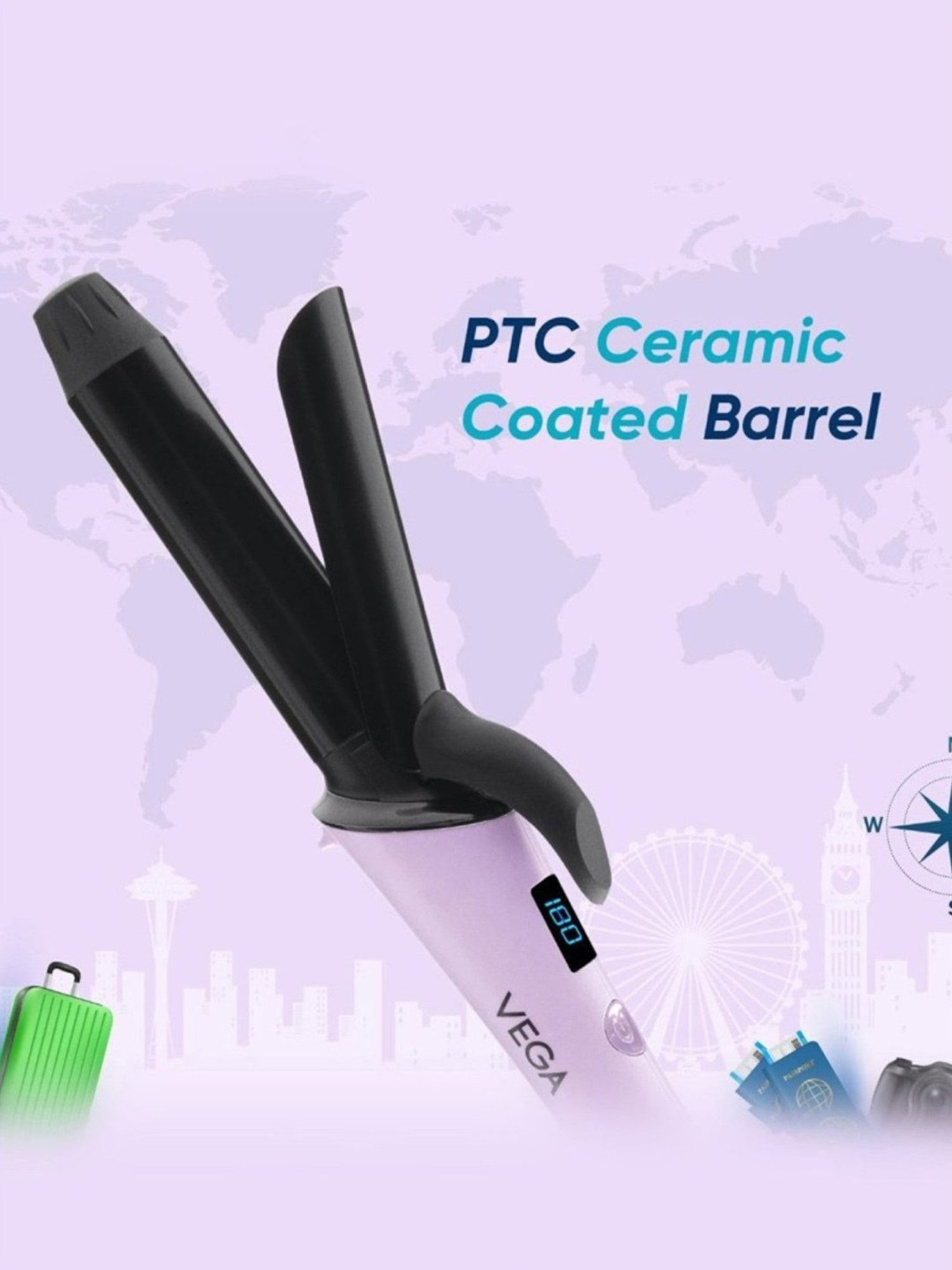 Vega VHCH-08 Mini Hair Curler for Women with 25 mm Barrel, Ceramic Coated Plates (Purple)