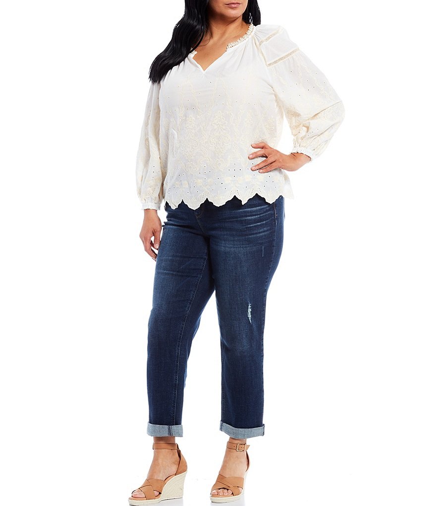 Democracy Plus Size Embroidered Crochet Splicing Placement Split Round Neck Blouson Long Sleeve Top