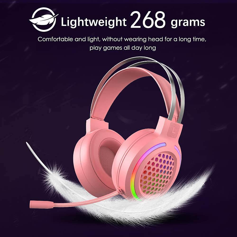Gaming Headset with 7.1 Surround Sound,PC Lightweight Headset with Noise Canceling Mic,Bass Surround,Soft Memory Earmuffs,Rainbow LED Backlit for PC,PS4,Xbox One Controller(Adapter Not Included)(Pink)
