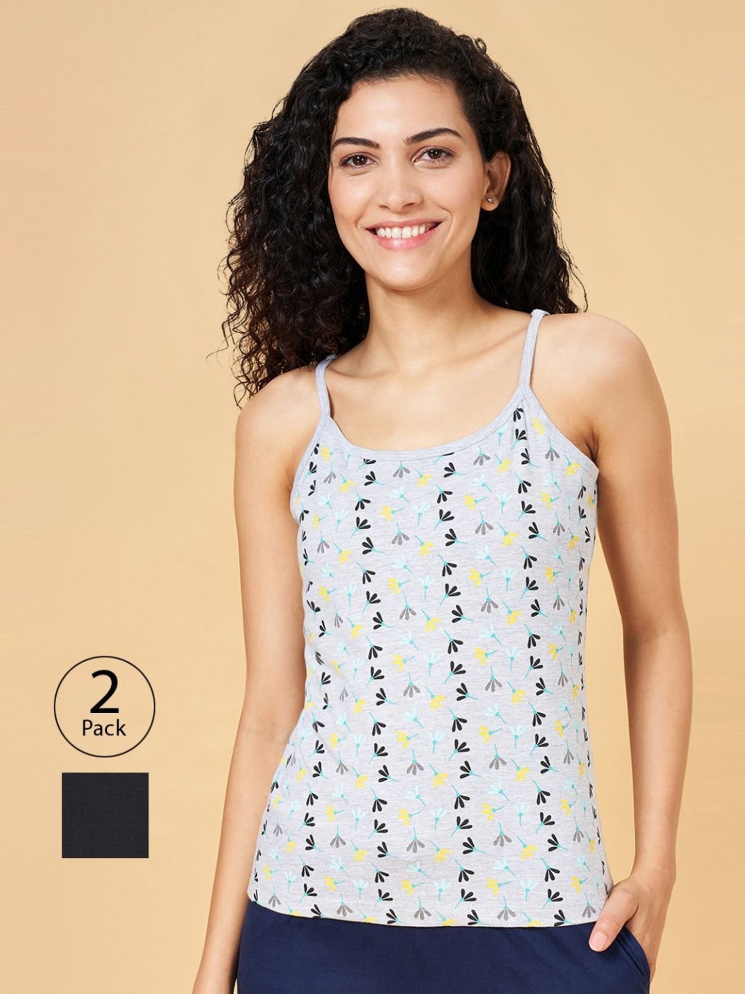 YU by Pantaloons Black & Grey Cotton Printed Camisoles - Pack Of 2