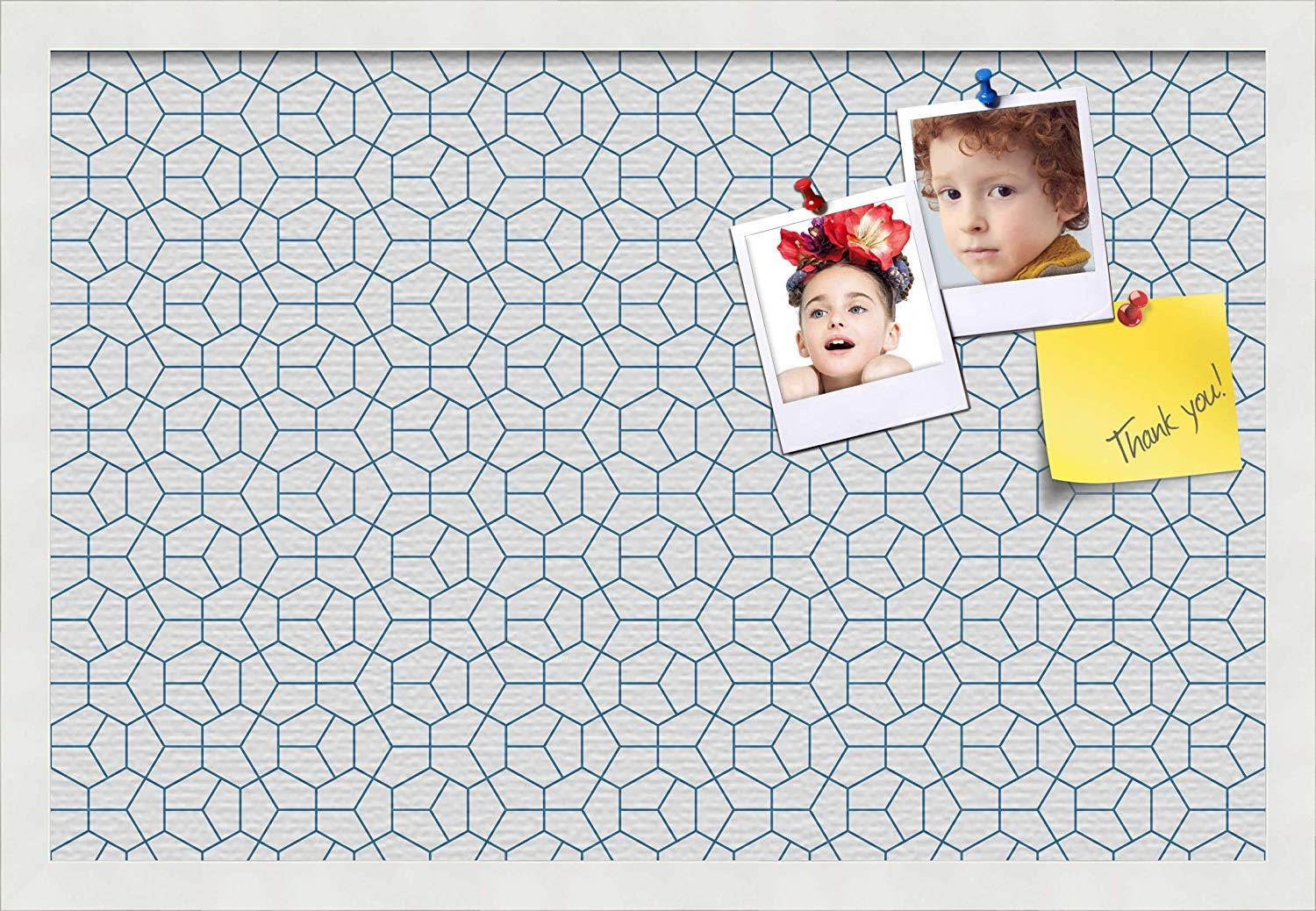 PinPix custom printed pin cork bulletin board made from canvas, Modeco Hex Navy 24x16 Inches (Completed Size) and framed in Satin White Frame (PinPix-Group-65)