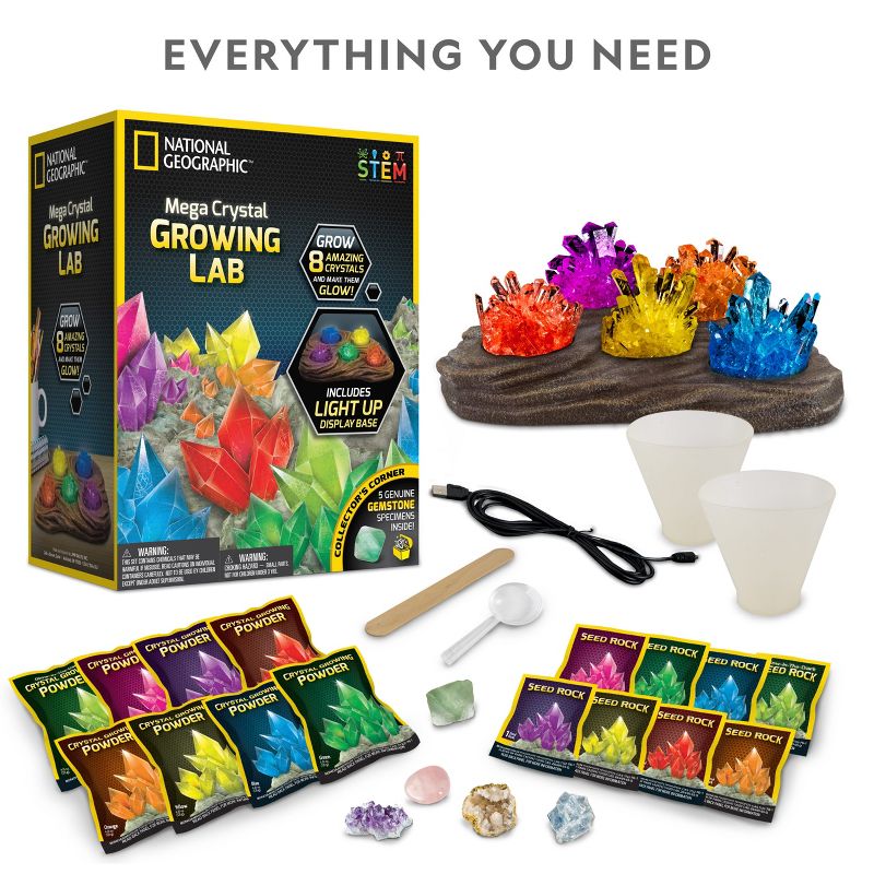 NATIONAL GEOGRAPHIC Mega Crystal Growing Lab, Grow 8 Vibrant Colored Crystals, Includes 5 Real Gemstone Specimens, Light-Up Display Stand & Guidebook