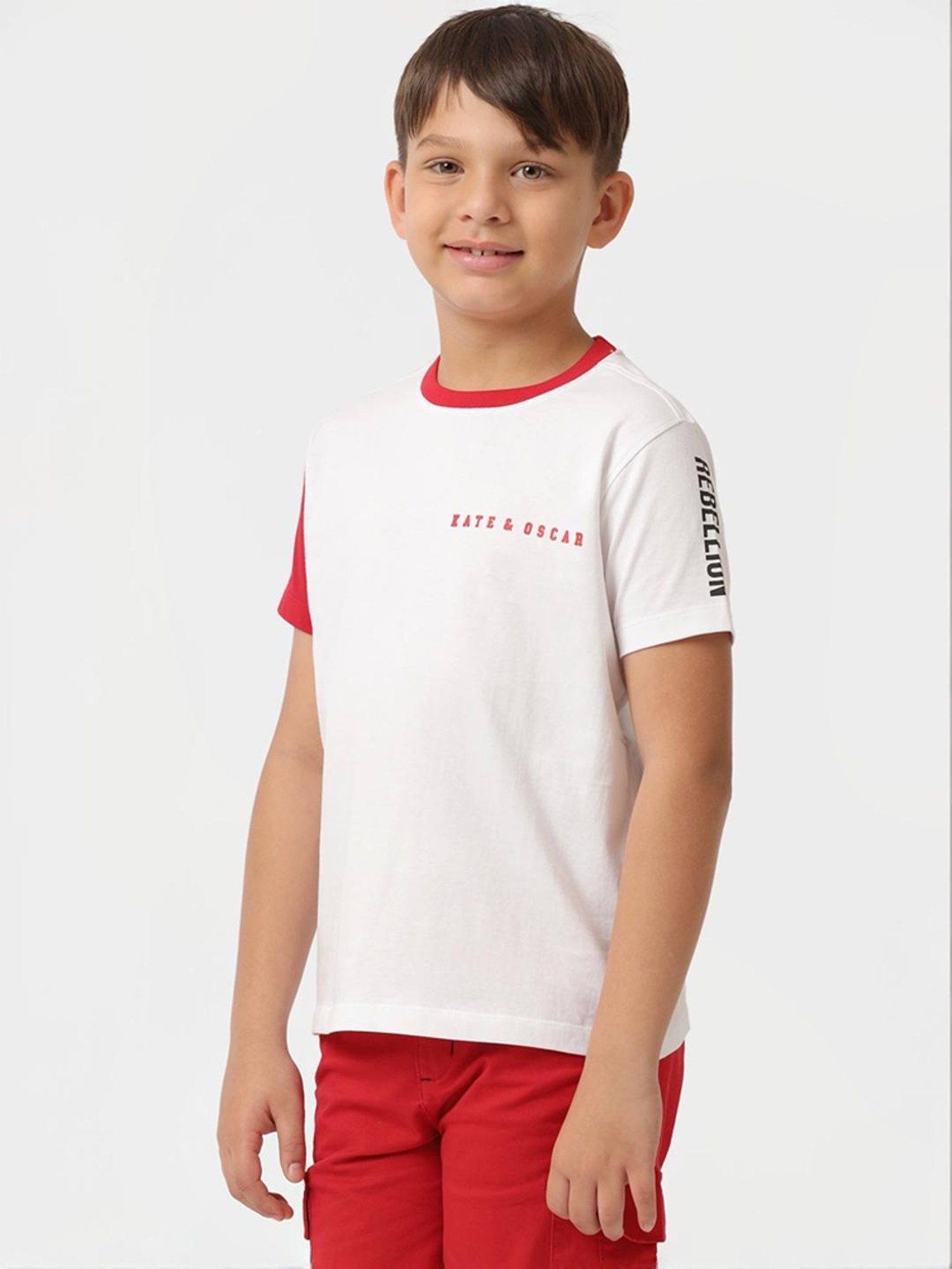 Kate & Oscar Kids White & Red Cotton Printed T-Shirt